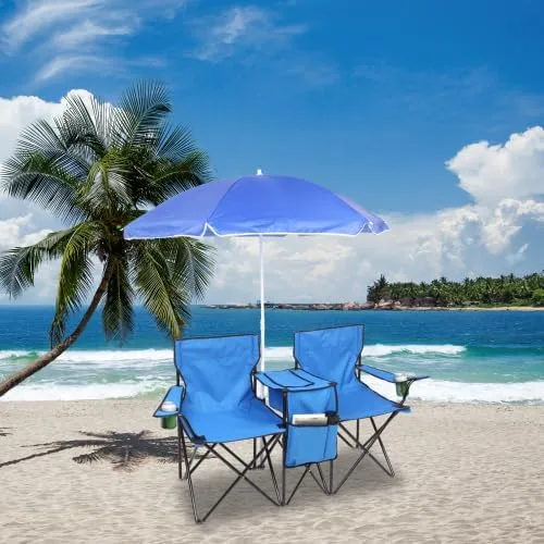 Camping Chairs, Folding Double Chair with Removable Umbrella, Cup Holders, Cooler Bag, Side Pocket & Carry Bag, for Beach, Outdoor, Sports, Concerts, Travel, Picnic