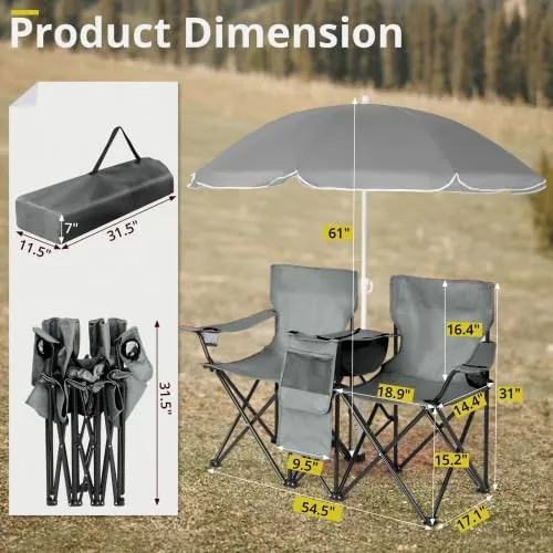 Camping Chairs, Folding Double Chair with Removable Umbrella, Cup Holders, Cooler Bag, Side Pocket & Carry Bag, for Beach, Outdoor, Sports, Concerts, Travel, Picnic