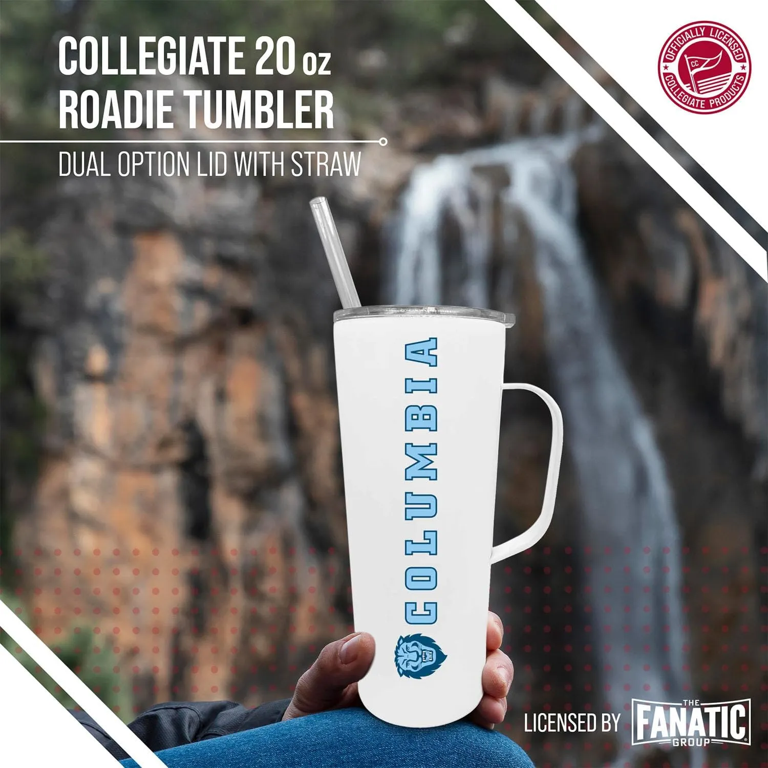 Campus Colors NCAA Stainless Steel 20oz Roadie With Handle & Dual Option Lid With Straw - Officially Licensed Tumbler (Columbia Lions - White)