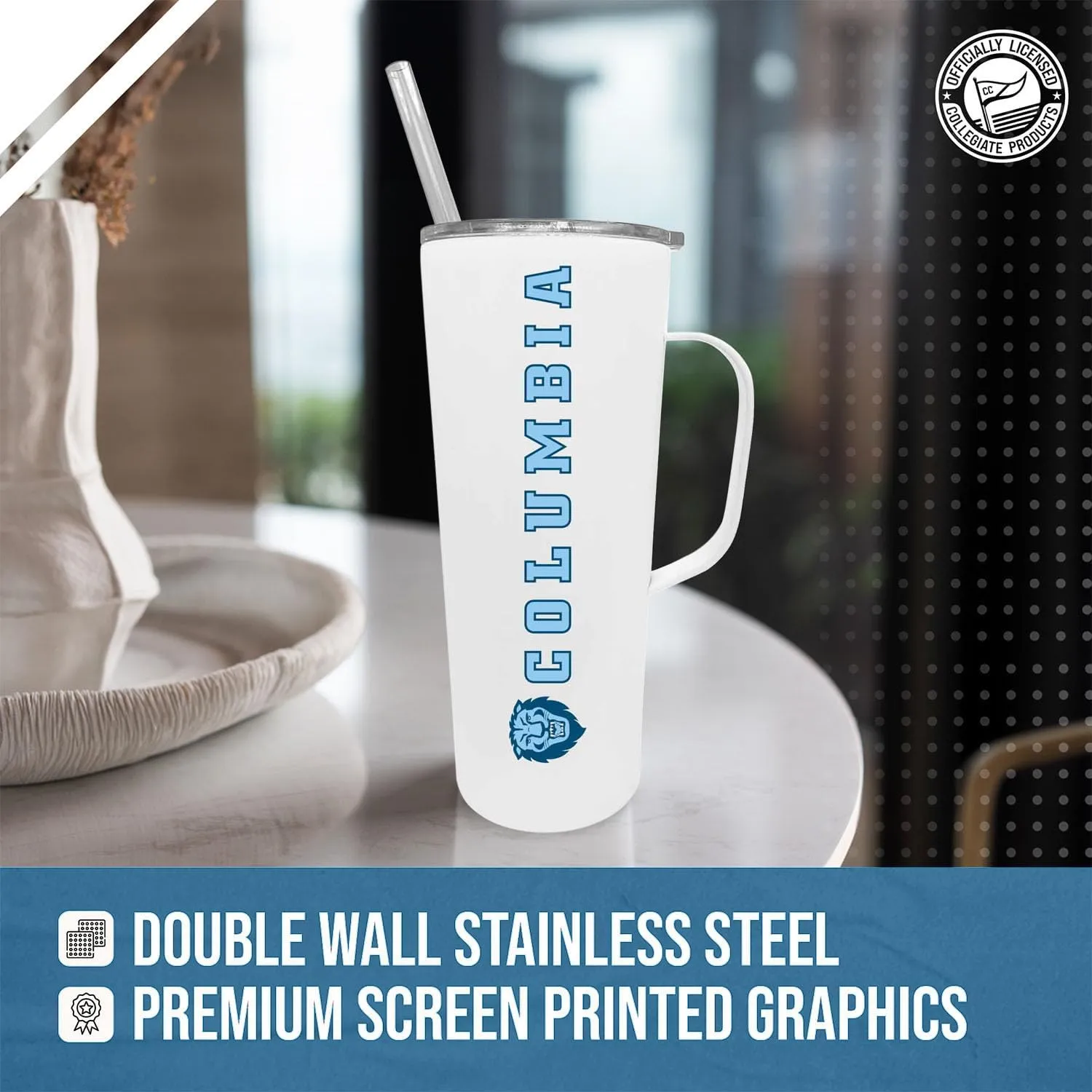 Campus Colors NCAA Stainless Steel 20oz Roadie With Handle & Dual Option Lid With Straw - Officially Licensed Tumbler (Columbia Lions - White)
