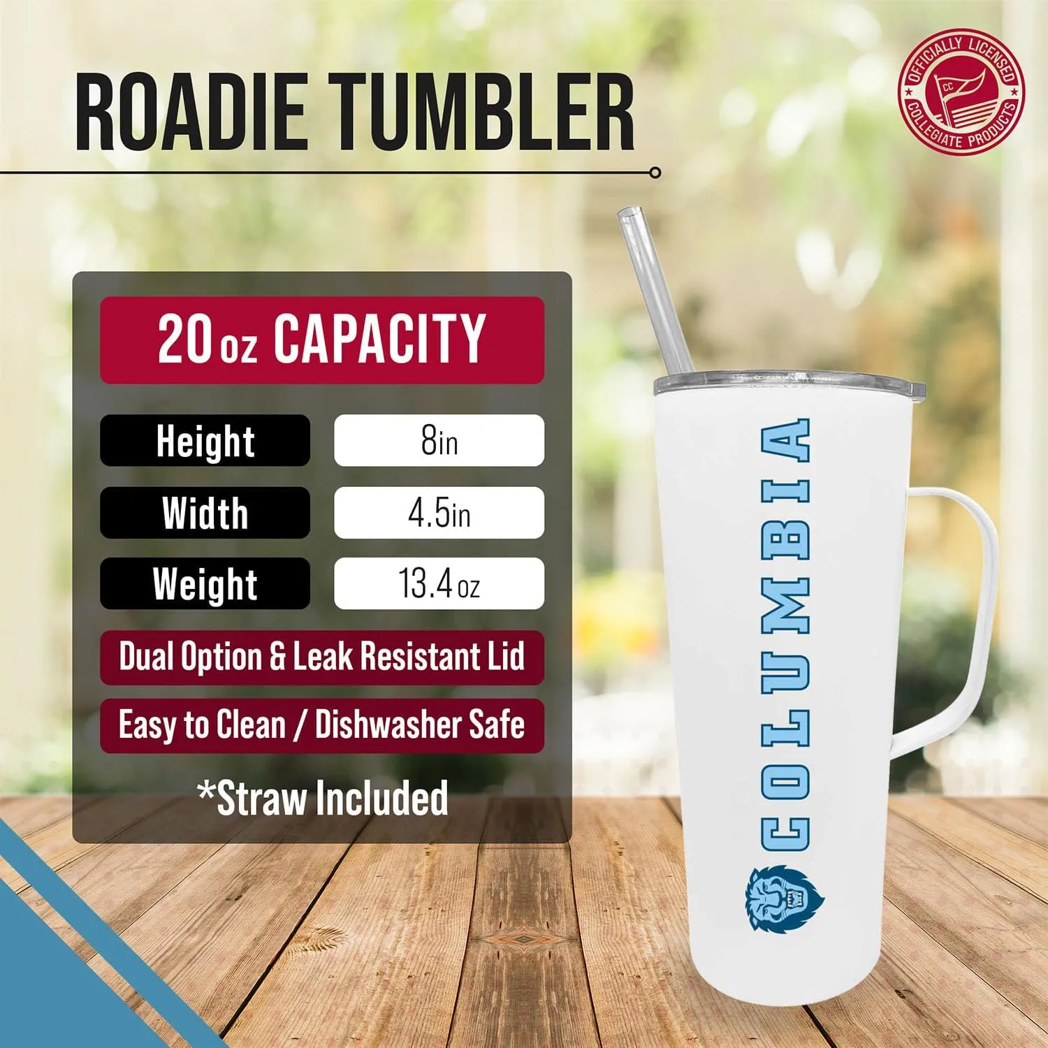 Campus Colors NCAA Stainless Steel 20oz Roadie With Handle & Dual Option Lid With Straw - Officially Licensed Tumbler (Columbia Lions - White)