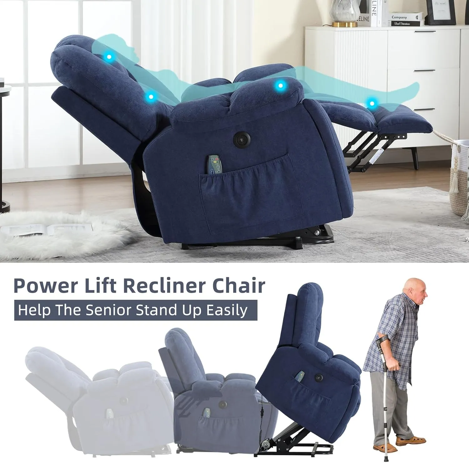 CANMOV Power Lift Recliner Chair with Massage and Heat for Elderly, Overstuffed Wide Recliners, Heavy Duty and Safety Motion Reclining Mechanism with USB Ports, 2 Concealed Cup Holders, Navy Blue