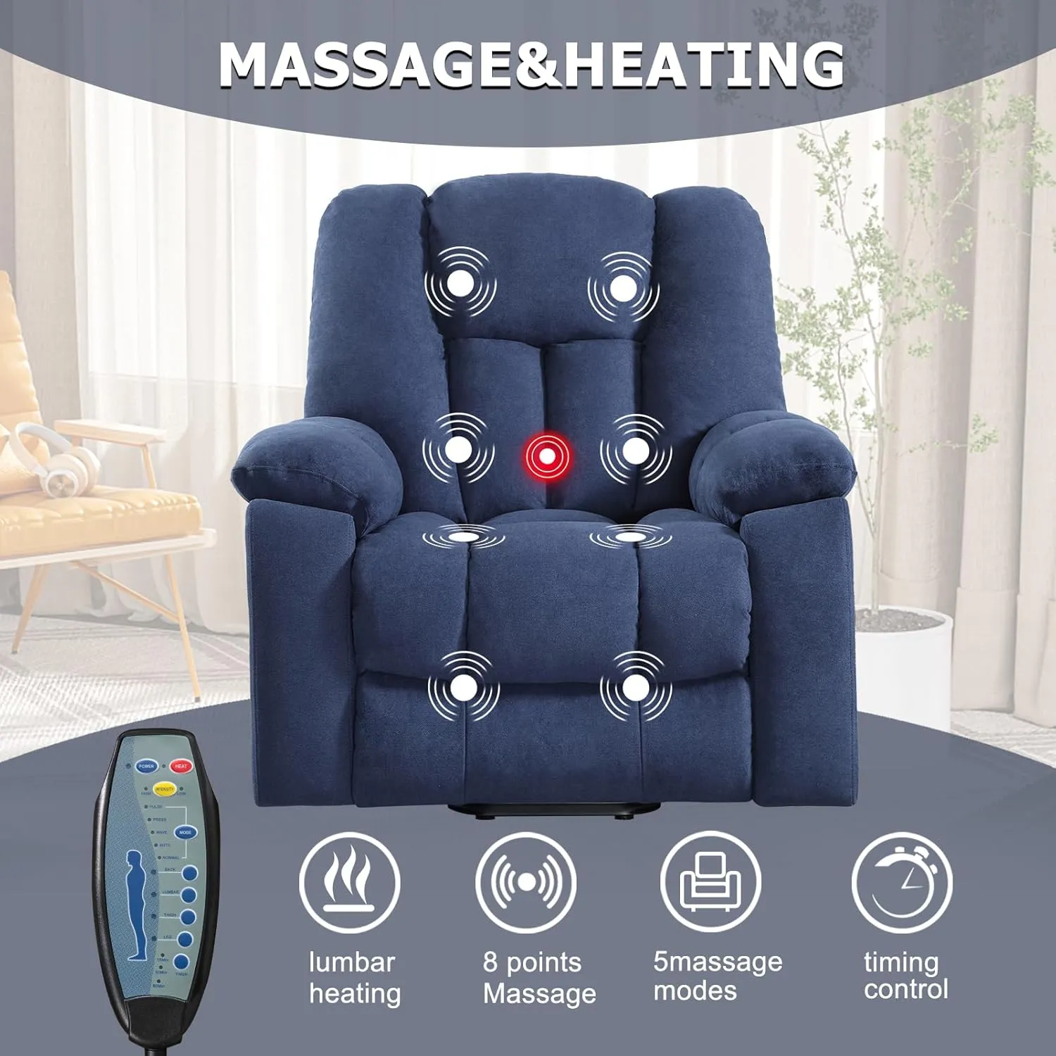 CANMOV Power Lift Recliner Chair with Massage and Heat for Elderly, Overstuffed Wide Recliners, Heavy Duty and Safety Motion Reclining Mechanism with USB Ports, 2 Concealed Cup Holders, Navy Blue