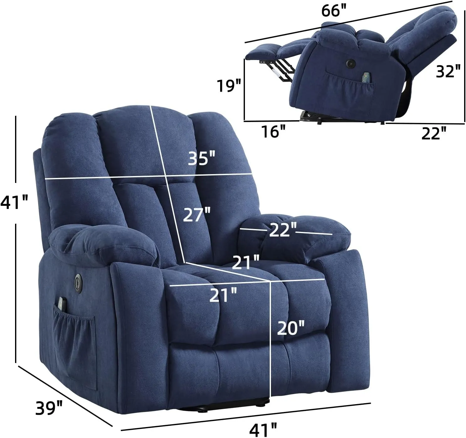 CANMOV Power Lift Recliner Chair with Massage and Heat for Elderly, Overstuffed Wide Recliners, Heavy Duty and Safety Motion Reclining Mechanism with USB Ports, 2 Concealed Cup Holders, Navy Blue