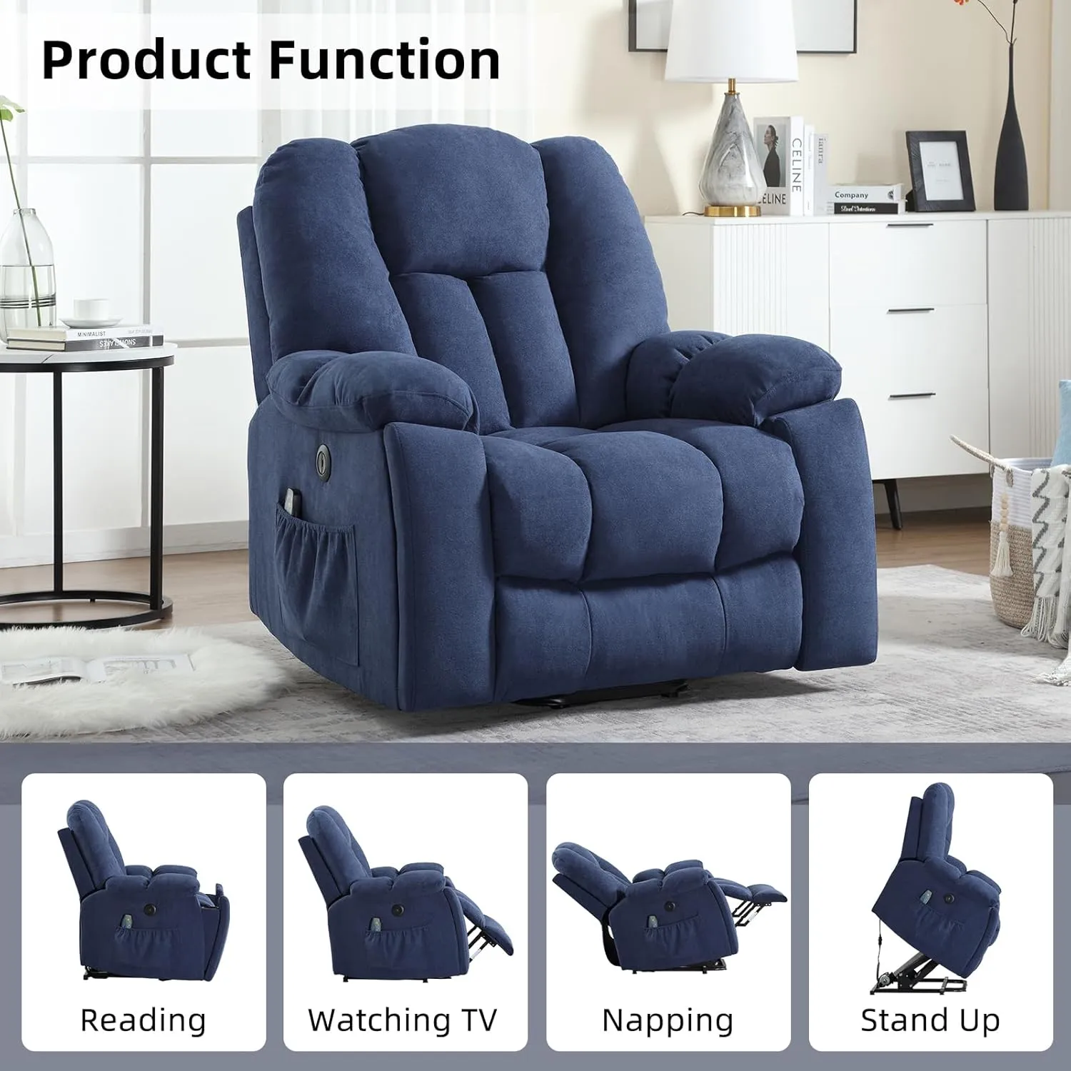 CANMOV Power Lift Recliner Chair with Massage and Heat for Elderly, Overstuffed Wide Recliners, Heavy Duty and Safety Motion Reclining Mechanism with USB Ports, 2 Concealed Cup Holders, Navy Blue
