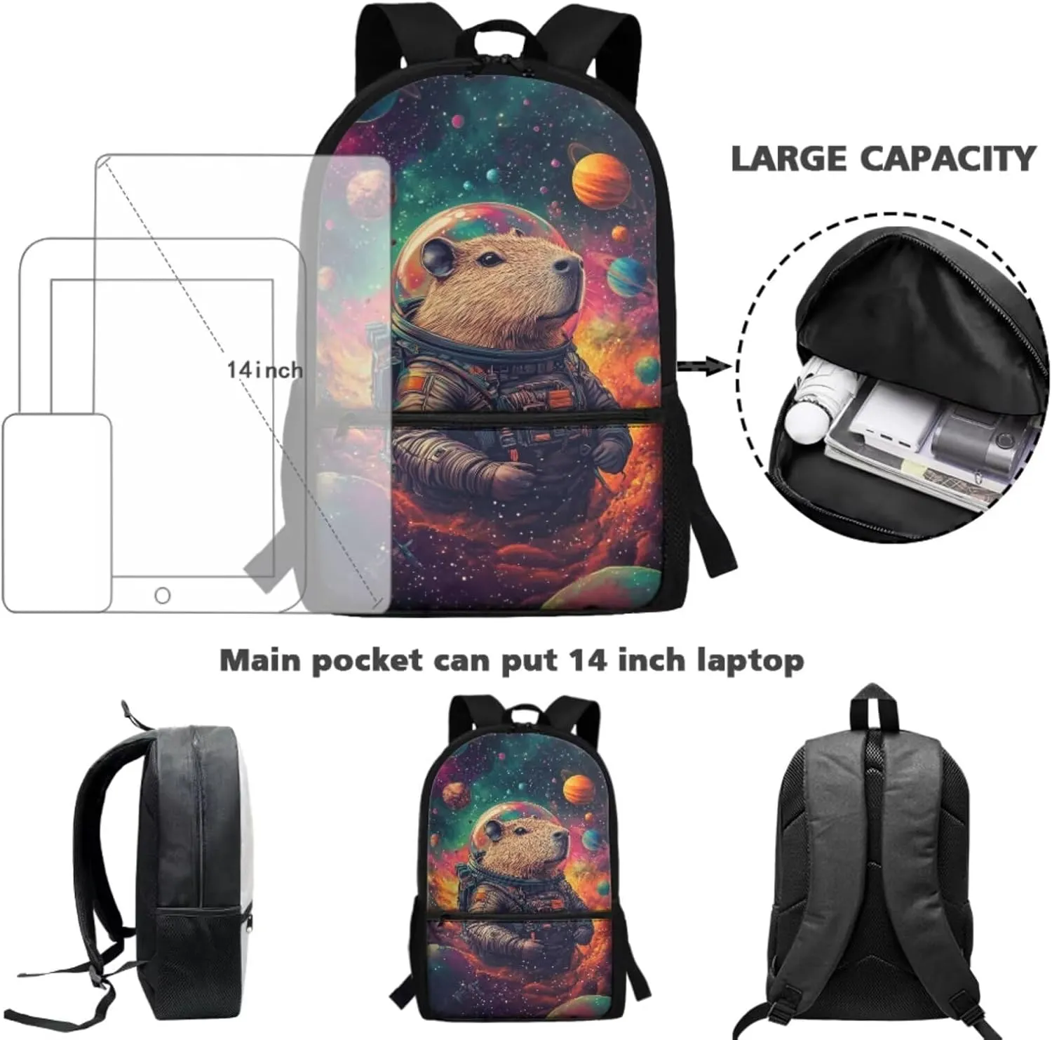 Capybara Bookbag for School Girls Lunch Box Solar System Planet Backpack with Lunch Box Set and Pencil Case Water Bottle Holder 4Pcs Back to School Backpacks Lunch Bag, Kawaii