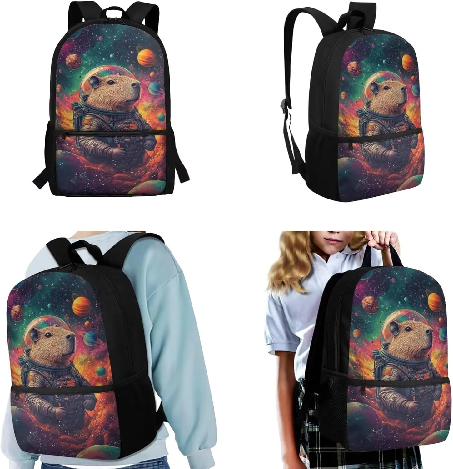 Capybara Bookbag for School Girls Lunch Box Solar System Planet Backpack with Lunch Box Set and Pencil Case Water Bottle Holder 4Pcs Back to School Backpacks Lunch Bag, Kawaii