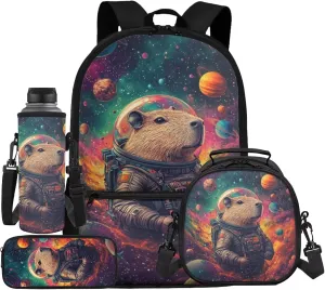 Capybara Bookbag for School Girls Lunch Box Solar System Planet Backpack with Lunch Box Set and Pencil Case Water Bottle Holder 4Pcs Back to School Backpacks Lunch Bag, Kawaii