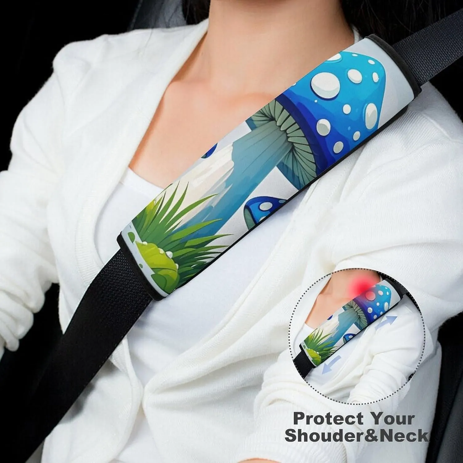 Cartoon Blue Mushroom Auto Seat Belt Cover 2PCS Universal Car Seat Belt Shoulder Protector Pad, Protect Your Shoulders and Neck for Car Seat Belt, Shoulder Bag, Backpack