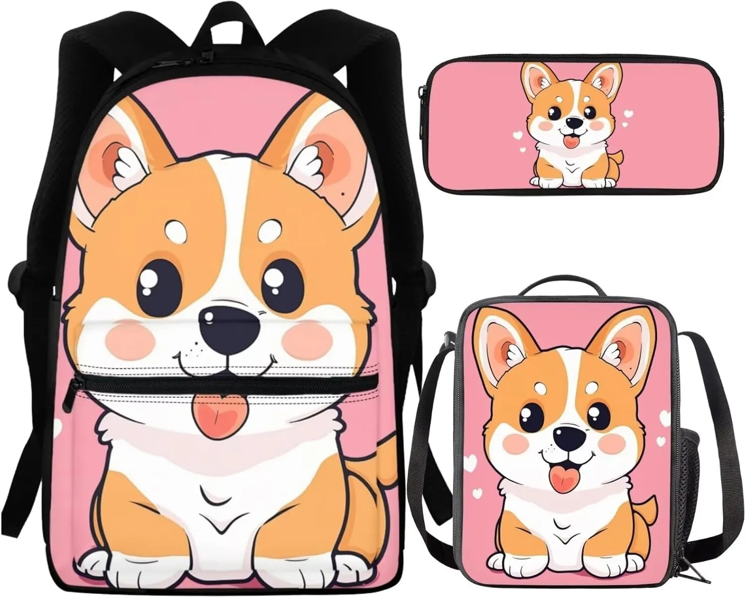 Cartoon Dog Backpack for School Girls 3rd Grade/2nd Grade with Lunch Box Corgi Bookbag for Kids 6-8/8-10/8-12 Middle School Bag Lunchbox Pencil Case Book Bag Lunch Bag Schoolbag Set