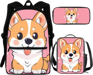 Cartoon Dog Backpack for School Girls 3rd Grade/2nd Grade with Lunch Box Corgi Bookbag for Kids 6-8/8-10/8-12 Middle School Bag Lunchbox Pencil Case Book Bag Lunch Bag Schoolbag Set