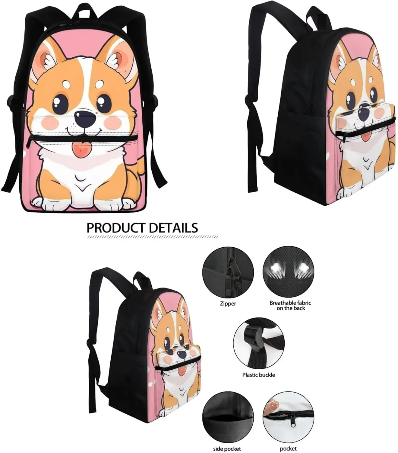Cartoon Dog Backpack for School Girls 3rd Grade/2nd Grade with Lunch Box Corgi Bookbag for Kids 6-8/8-10/8-12 Middle School Bag Lunchbox Pencil Case Book Bag Lunch Bag Schoolbag Set