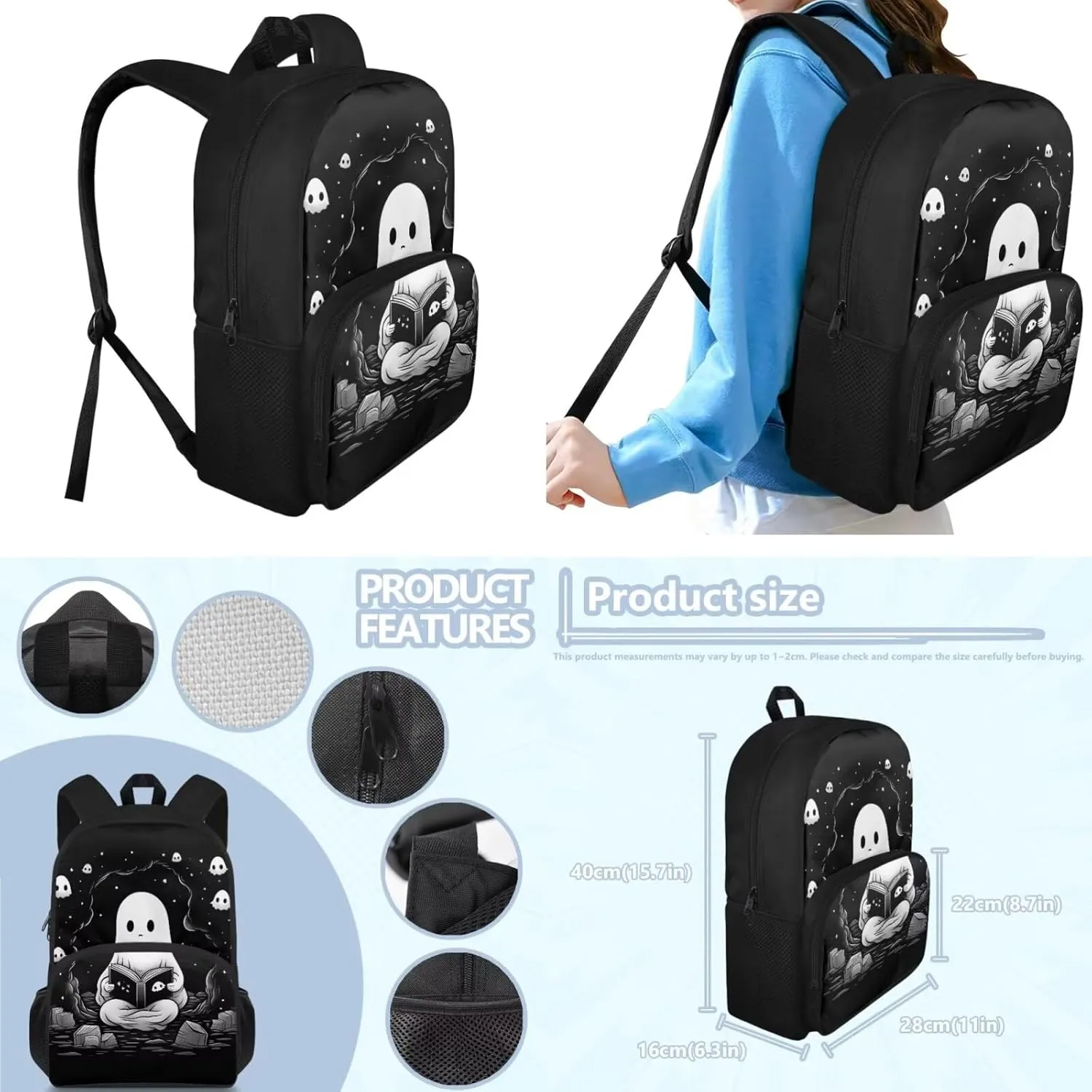 Cartoon Ghost Backpack for Boys Girls Age 8-10 Kids Stylish School Backpack Sets with Lunch Bag and Pencil Case Lightweight Bookpack 3 in 1 Set for HighSchool Students