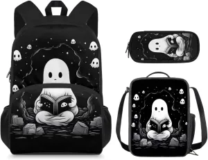 Cartoon Ghost Backpack for Boys Girls Age 8-10 Kids Stylish School Backpack Sets with Lunch Bag and Pencil Case Lightweight Bookpack 3 in 1 Set for HighSchool Students