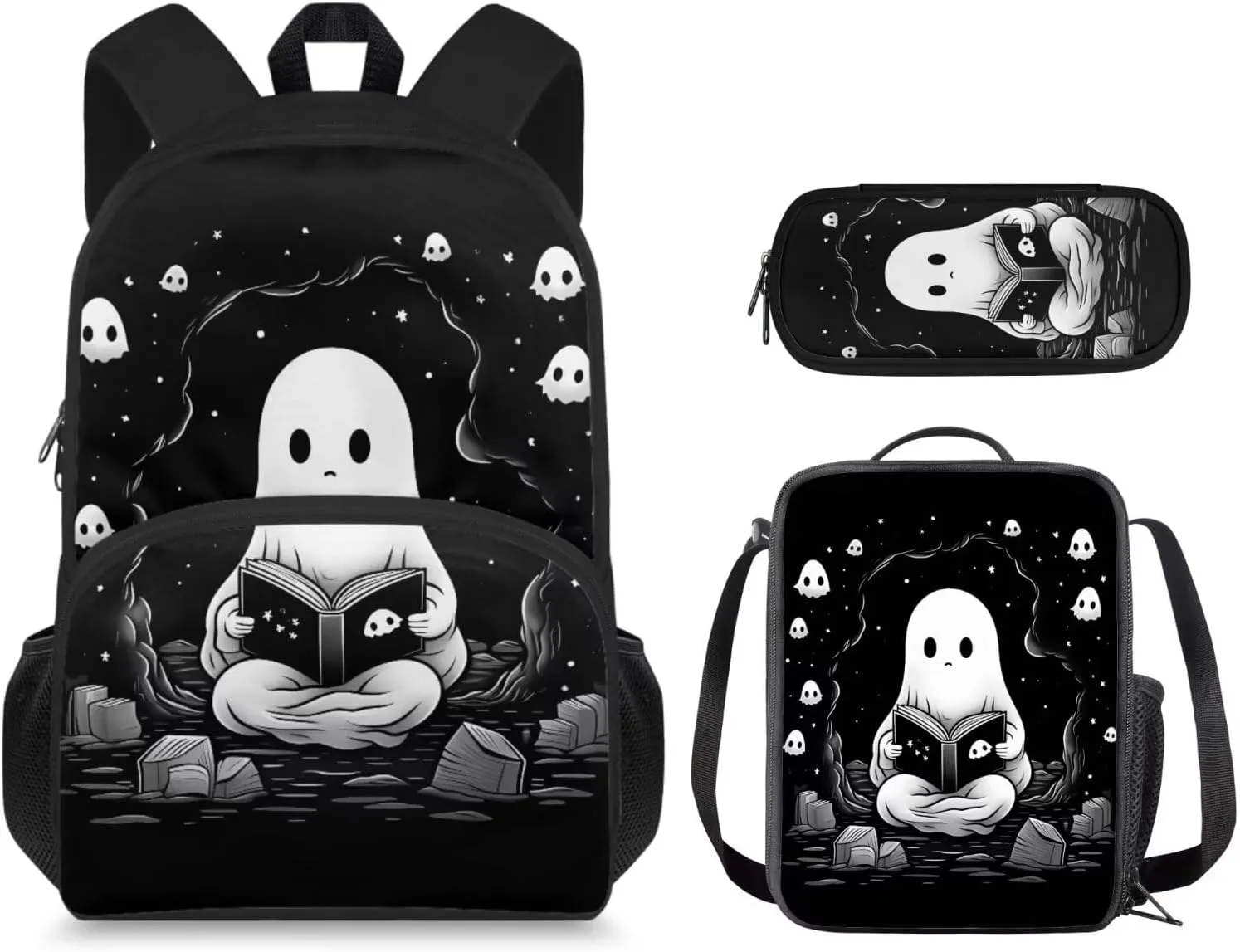 Cartoon Ghost Backpack for Boys Girls Age 8-10 Kids Stylish School Backpack Sets with Lunch Bag and Pencil Case Lightweight Bookpack 3 in 1 Set for HighSchool Students