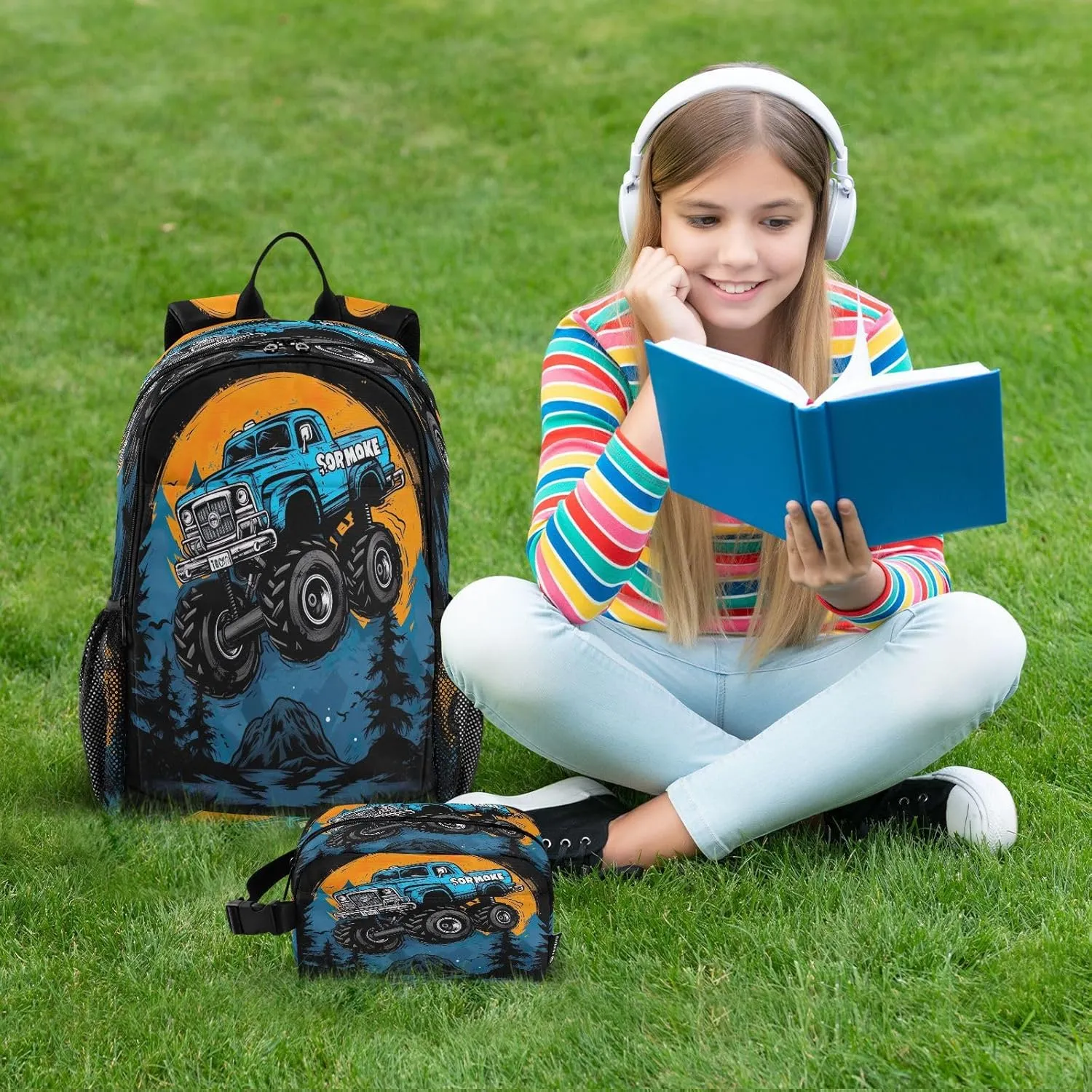 Cartoon Monster Truck Kids Backpack for Girls Boys School Bookbag with Insulated Lunch Box for Elementary Hight School Student Teen Girls Backpacks