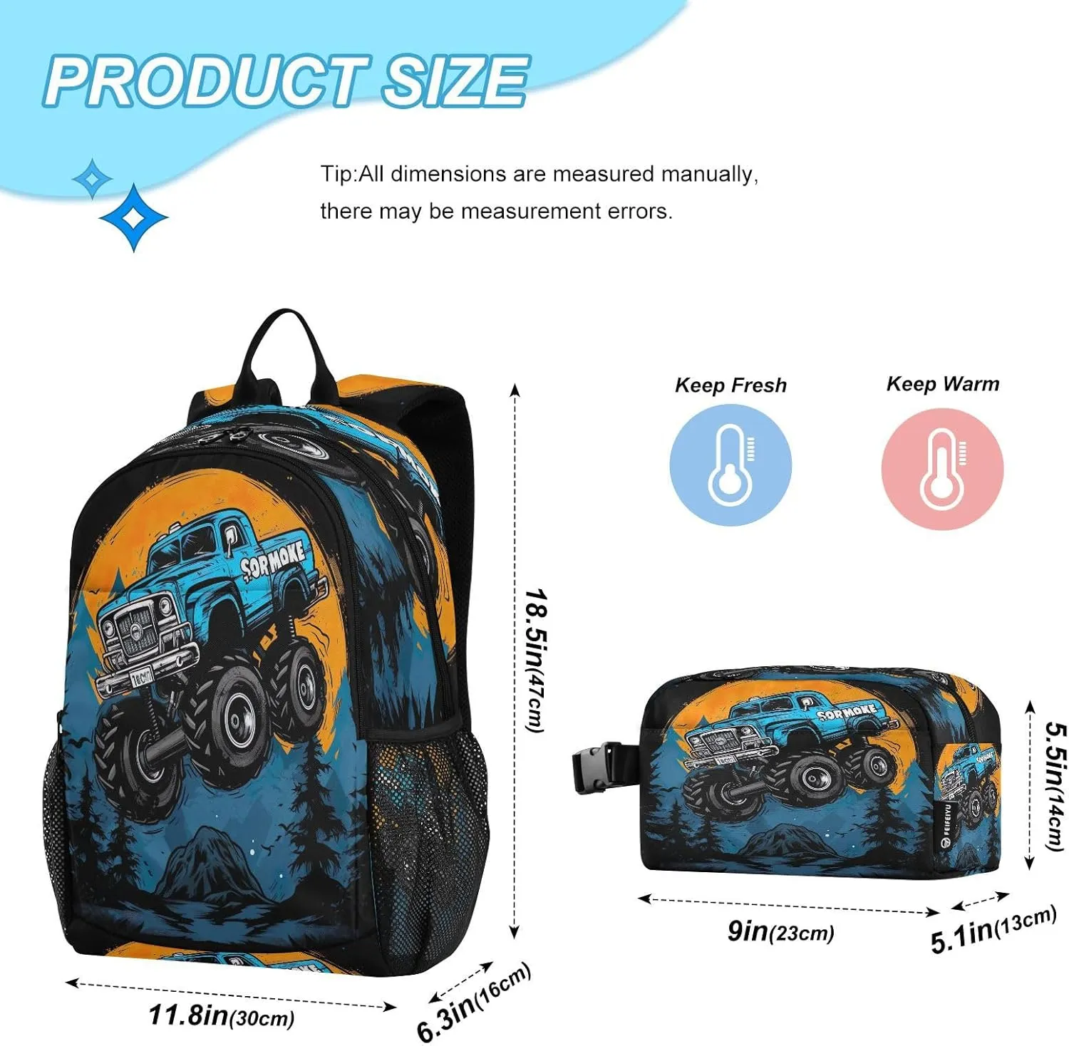 Cartoon Monster Truck Kids Backpack for Girls Boys School Bookbag with Insulated Lunch Box for Elementary Hight School Student Teen Girls Backpacks