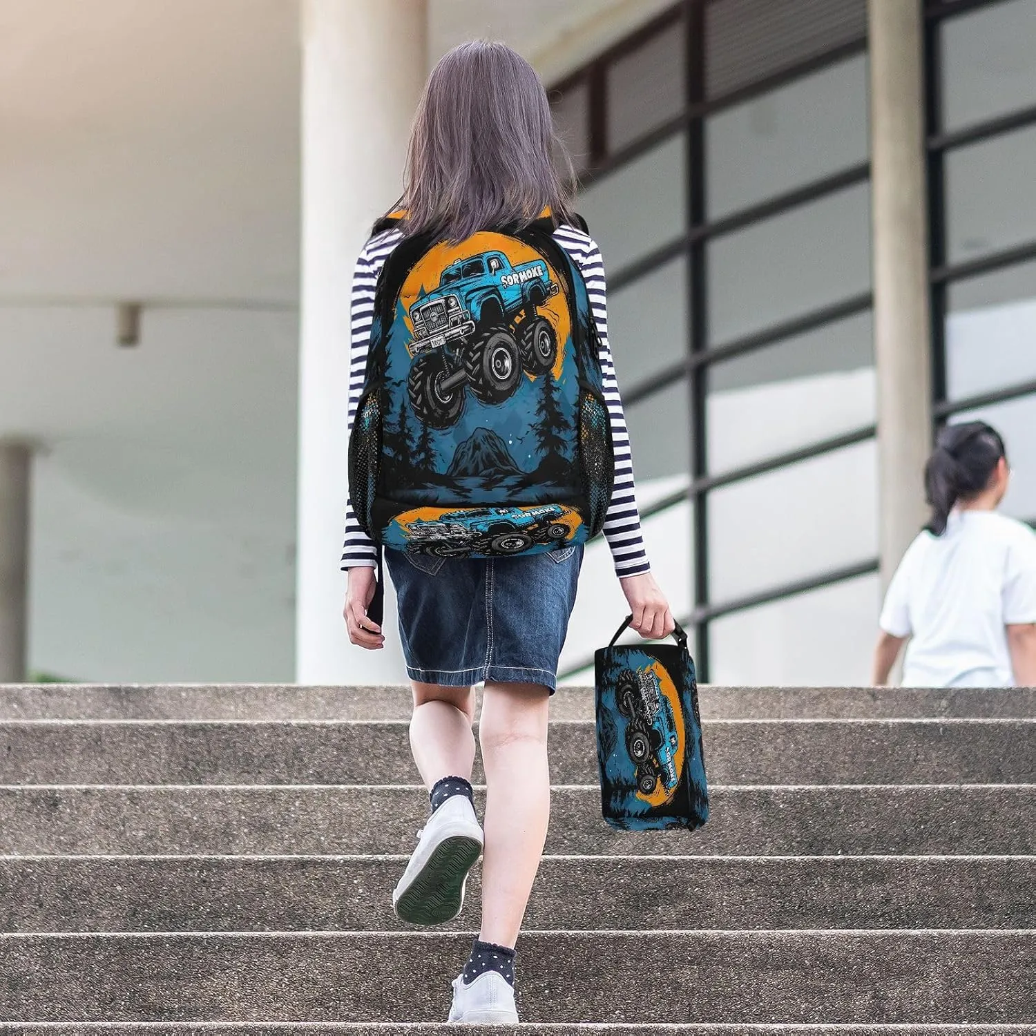 Cartoon Monster Truck Kids Backpack for Girls Boys School Bookbag with Insulated Lunch Box for Elementary Hight School Student Teen Girls Backpacks