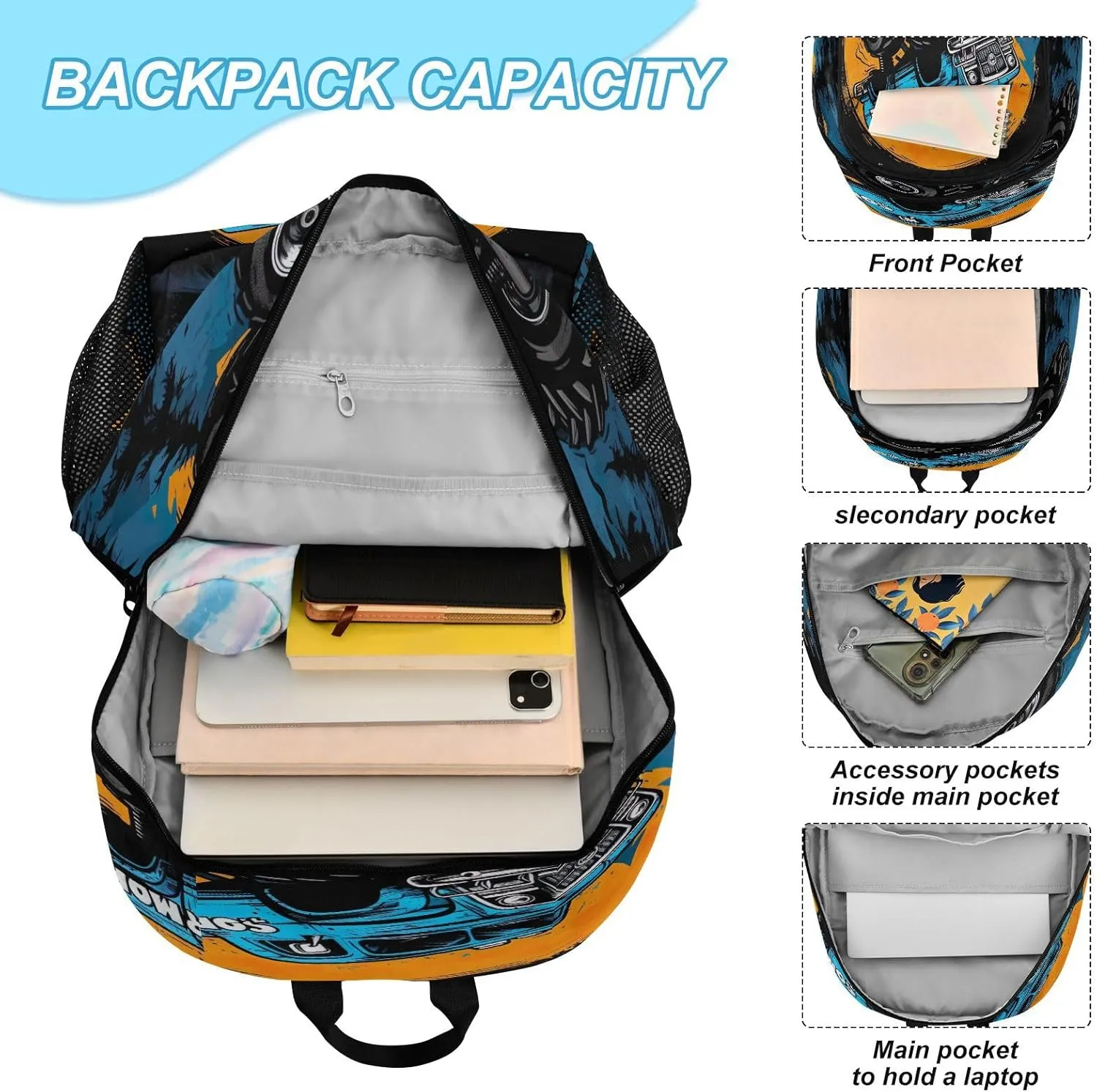Cartoon Monster Truck Kids Backpack for Girls Boys School Bookbag with Insulated Lunch Box for Elementary Hight School Student Teen Girls Backpacks
