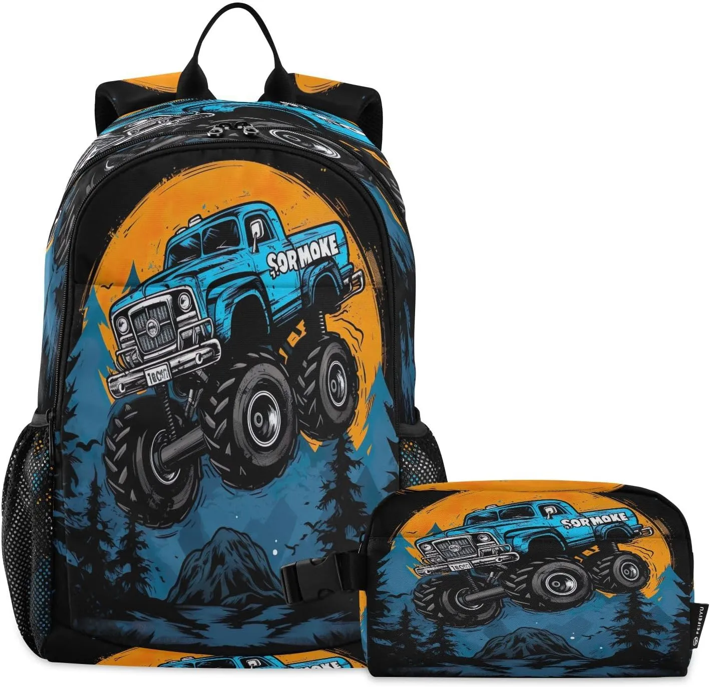 Cartoon Monster Truck Kids Backpack for Girls Boys School Bookbag with Insulated Lunch Box for Elementary Hight School Student Teen Girls Backpacks