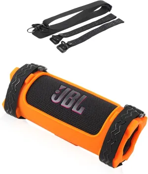 Case for JBL Flip 7 Portable Bluetooth Speaker,Soft Protective,BOVUGAC Silicone Case Cover with Shoulder Strap and Bike Strap for Bike Golf Cart Railing for JBL Flip 7 Speaker Accessories-Orange