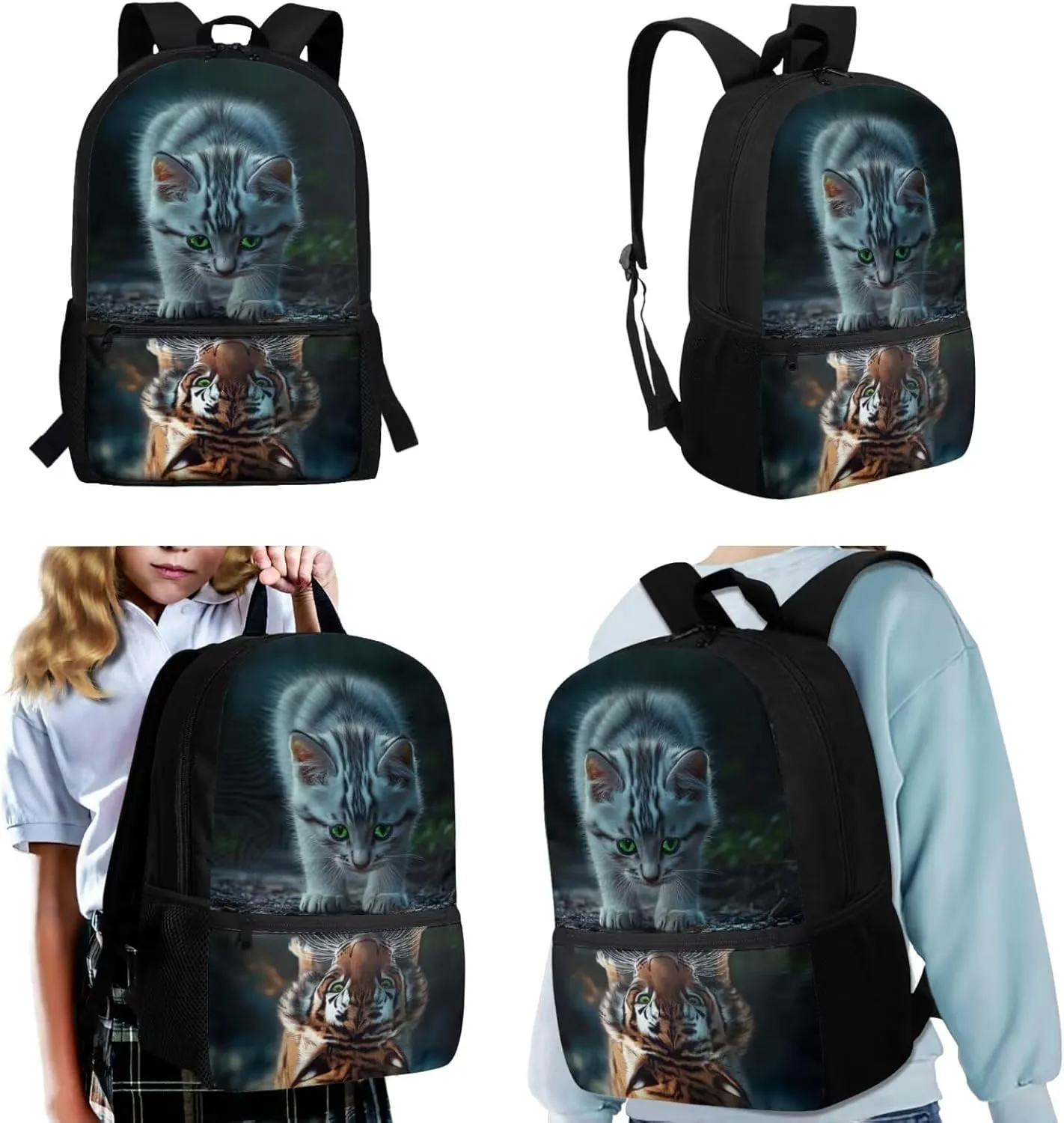 Cat Backpack and Lunch Box for Girls 6-8/8-10/10-12 Tiger Kids Elementary School Bookbags for 3rd Grade with Lunch Bag 3 in 1 Set Toddler Kids Back Pack Lunchbox Pencil Case Book Bags