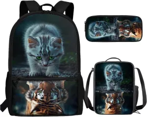 Cat Backpack and Lunch Box for Girls 6-8/8-10/10-12 Tiger Kids Elementary School Bookbags for 3rd Grade with Lunch Bag 3 in 1 Set Toddler Kids Back Pack Lunchbox Pencil Case Book Bags