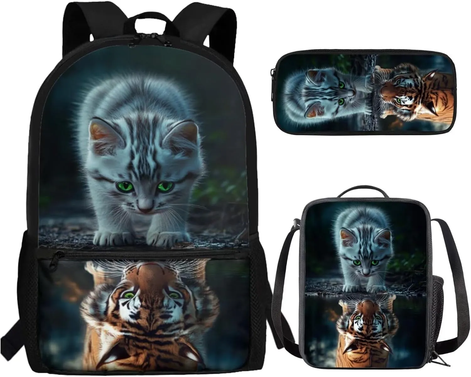 Cat Backpack and Lunch Box for Girls 6-8/8-10/10-12 Tiger Kids Elementary School Bookbags for 3rd Grade with Lunch Bag 3 in 1 Set Toddler Kids Back Pack Lunchbox Pencil Case Book Bags