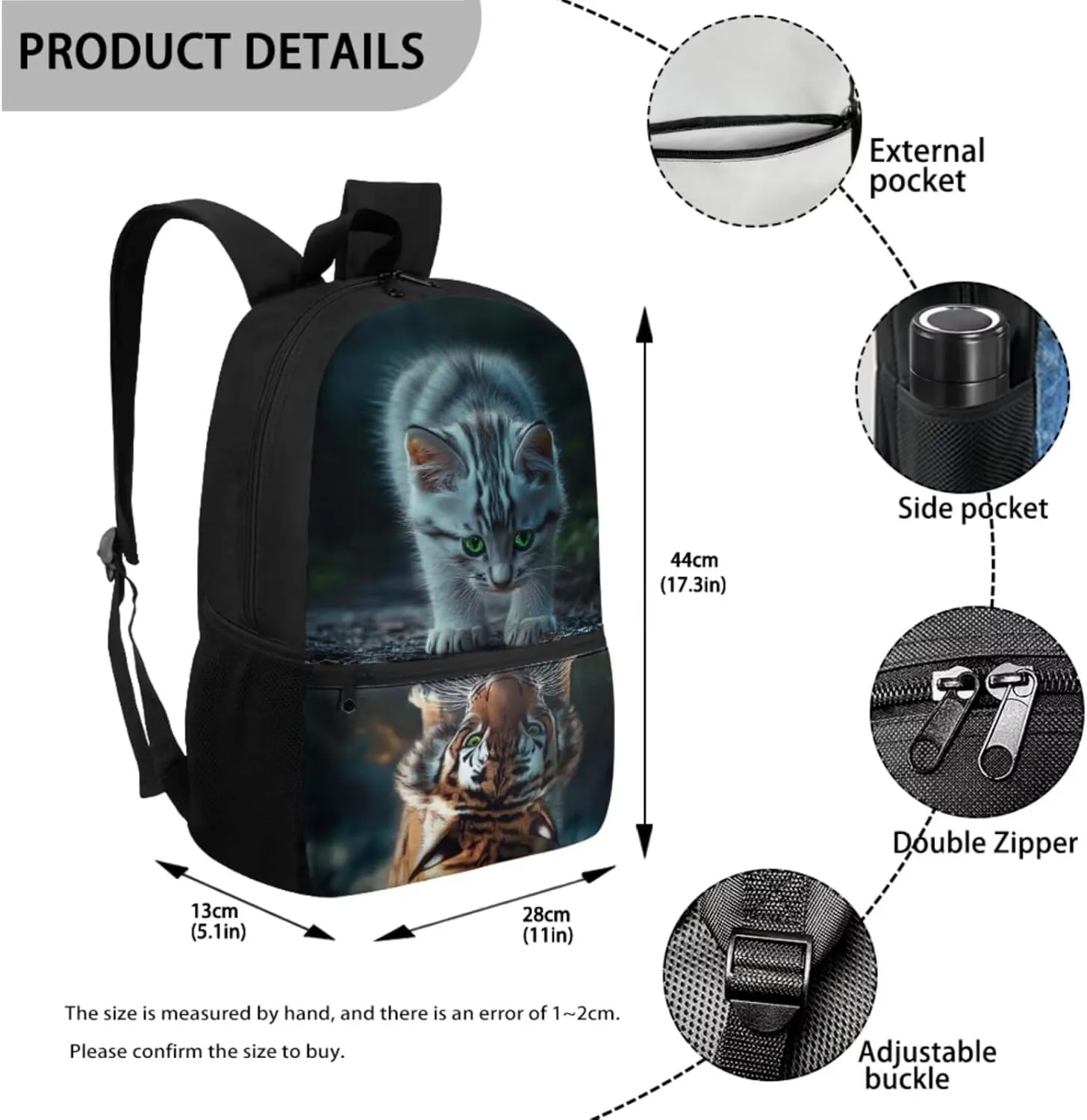 Cat Backpack and Lunch Box for Girls 6-8/8-10/10-12 Tiger Kids Elementary School Bookbags for 3rd Grade with Lunch Bag 3 in 1 Set Toddler Kids Back Pack Lunchbox Pencil Case Book Bags