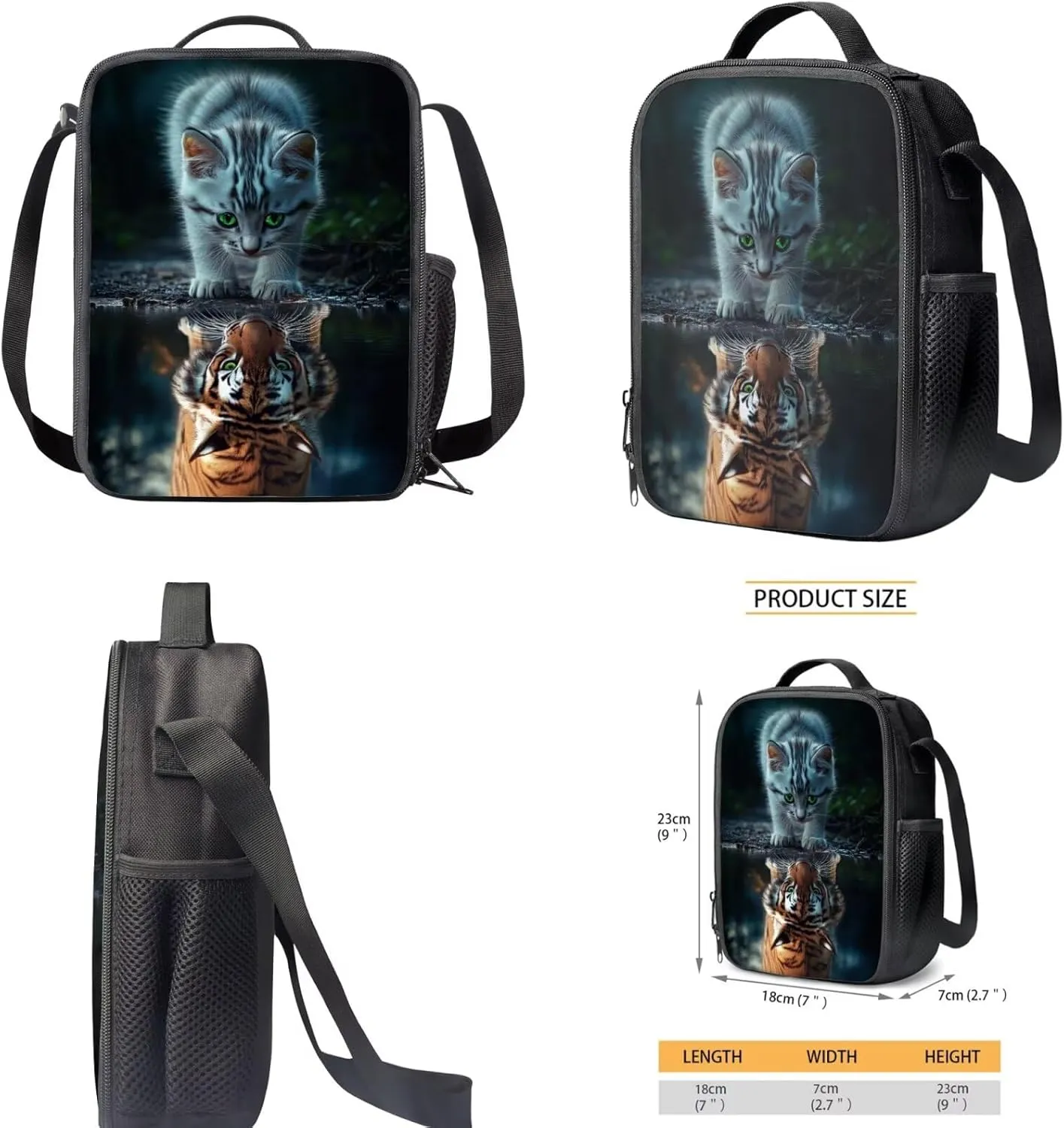 Cat Backpack and Lunch Box for Girls 6-8/8-10/10-12 Tiger Kids Elementary School Bookbags for 3rd Grade with Lunch Bag 3 in 1 Set Toddler Kids Back Pack Lunchbox Pencil Case Book Bags