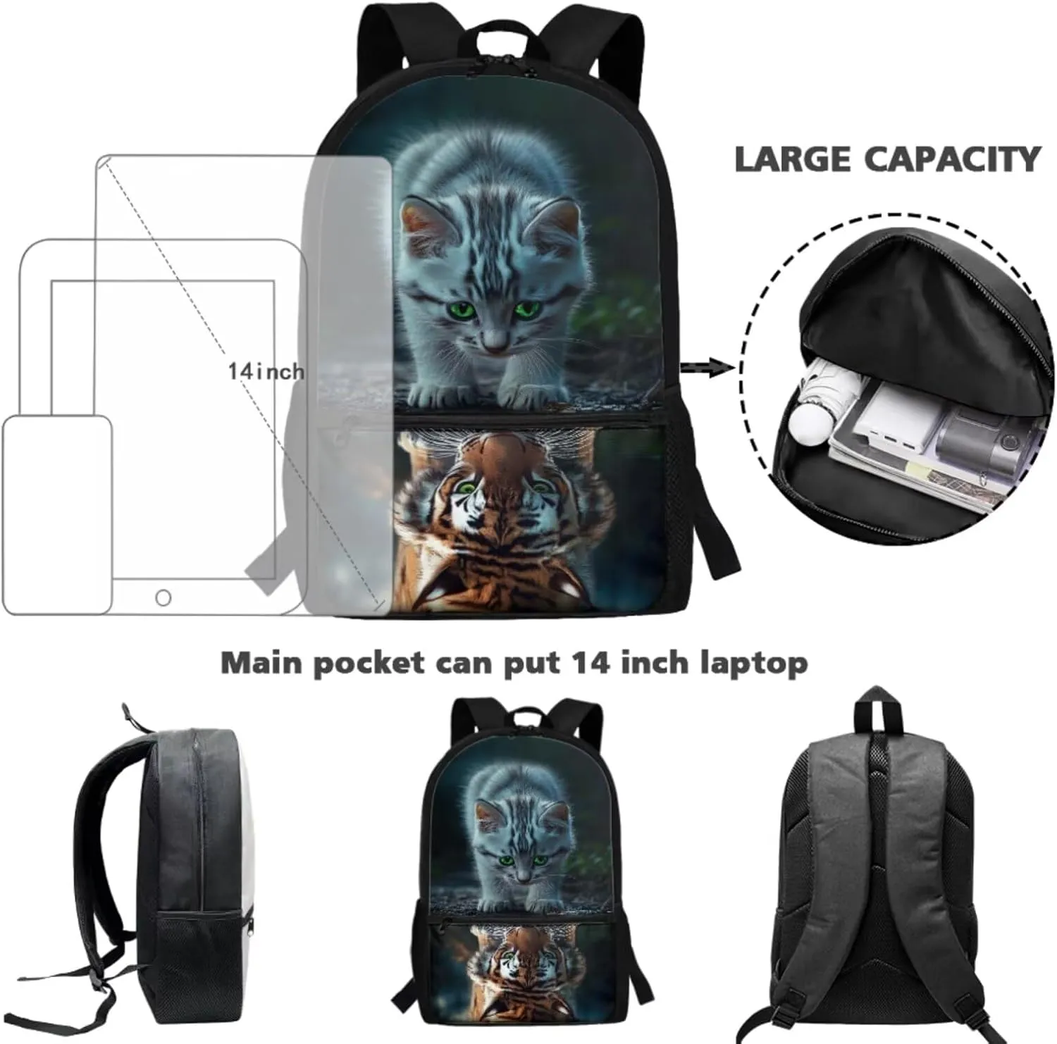 Cat Backpack and Lunch Box for Girls 6-8/8-10/10-12 Tiger Kids Elementary School Bookbags for 3rd Grade with Lunch Bag 3 in 1 Set Toddler Kids Back Pack Lunchbox Pencil Case Book Bags