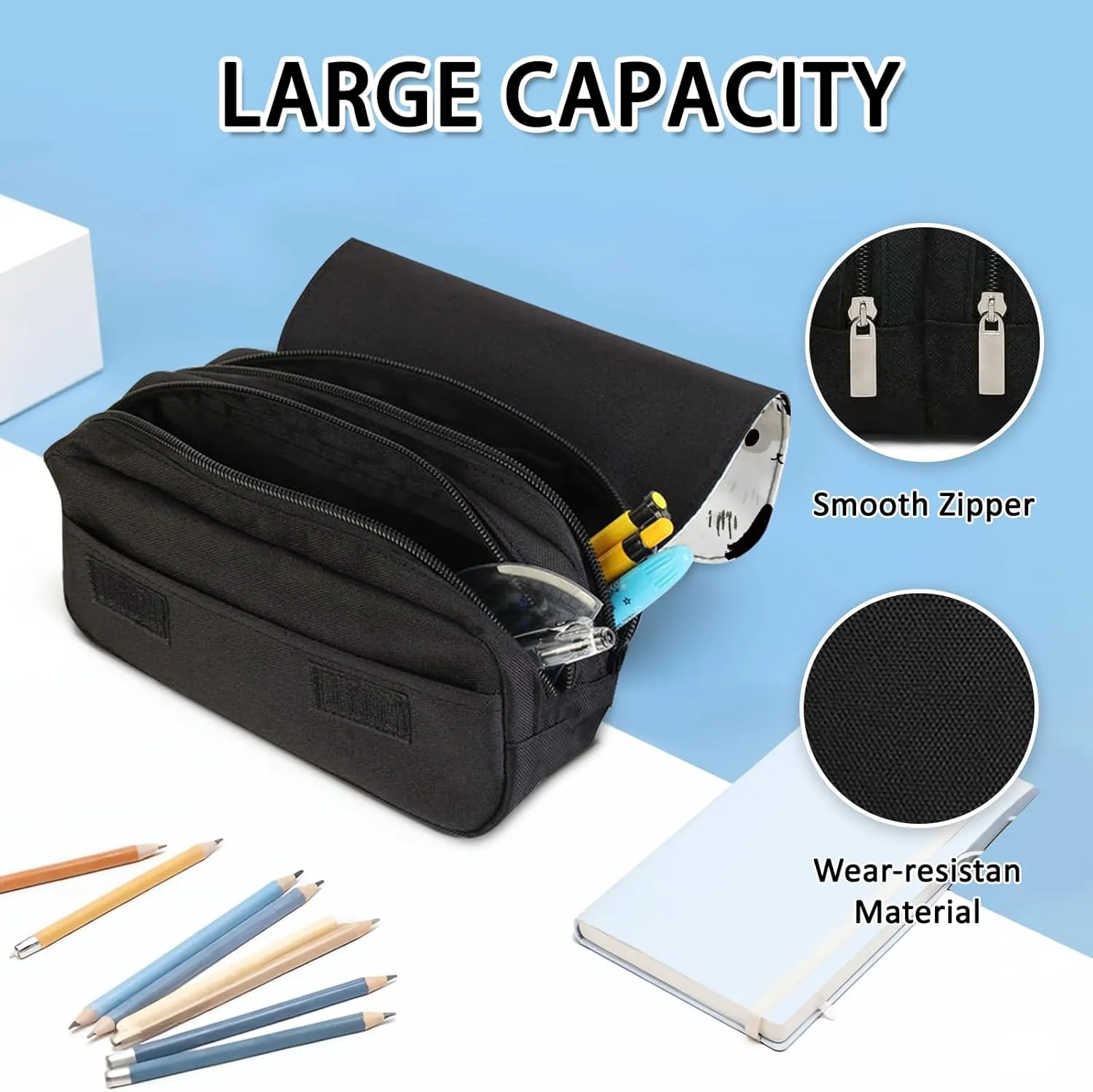 Cat Large Capacity Pencil Case, Black Cats Pencil Pouch for Teens Students- Flip Top Pen Bag with Zipper, Aesthetic Compartments Stationery Pencils Box Organizer for School Travel Office
