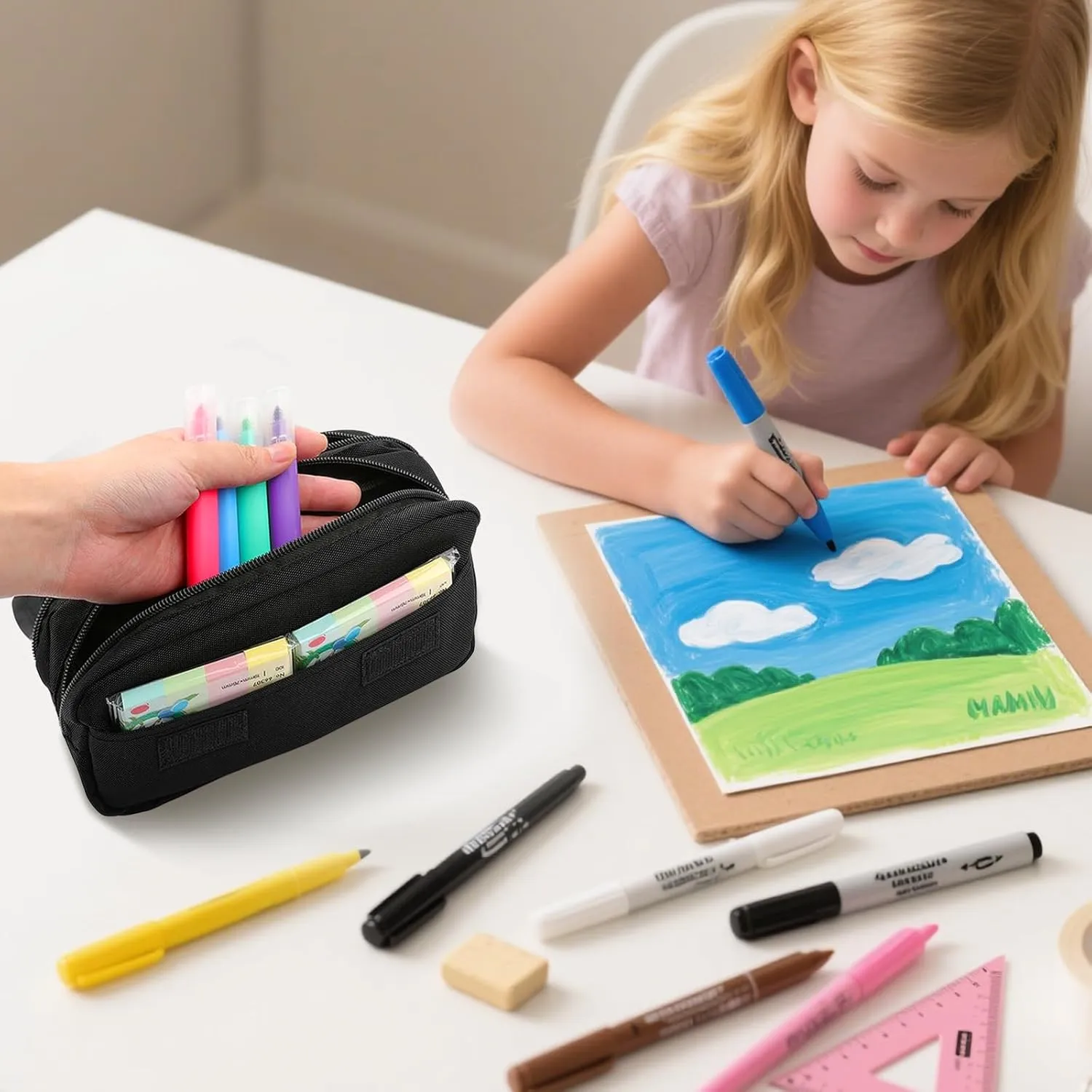 Cat Large Capacity Pencil Case, Black Cats Pencil Pouch for Teens Students- Flip Top Pen Bag with Zipper, Aesthetic Compartments Stationery Pencils Box Organizer for School Travel Office