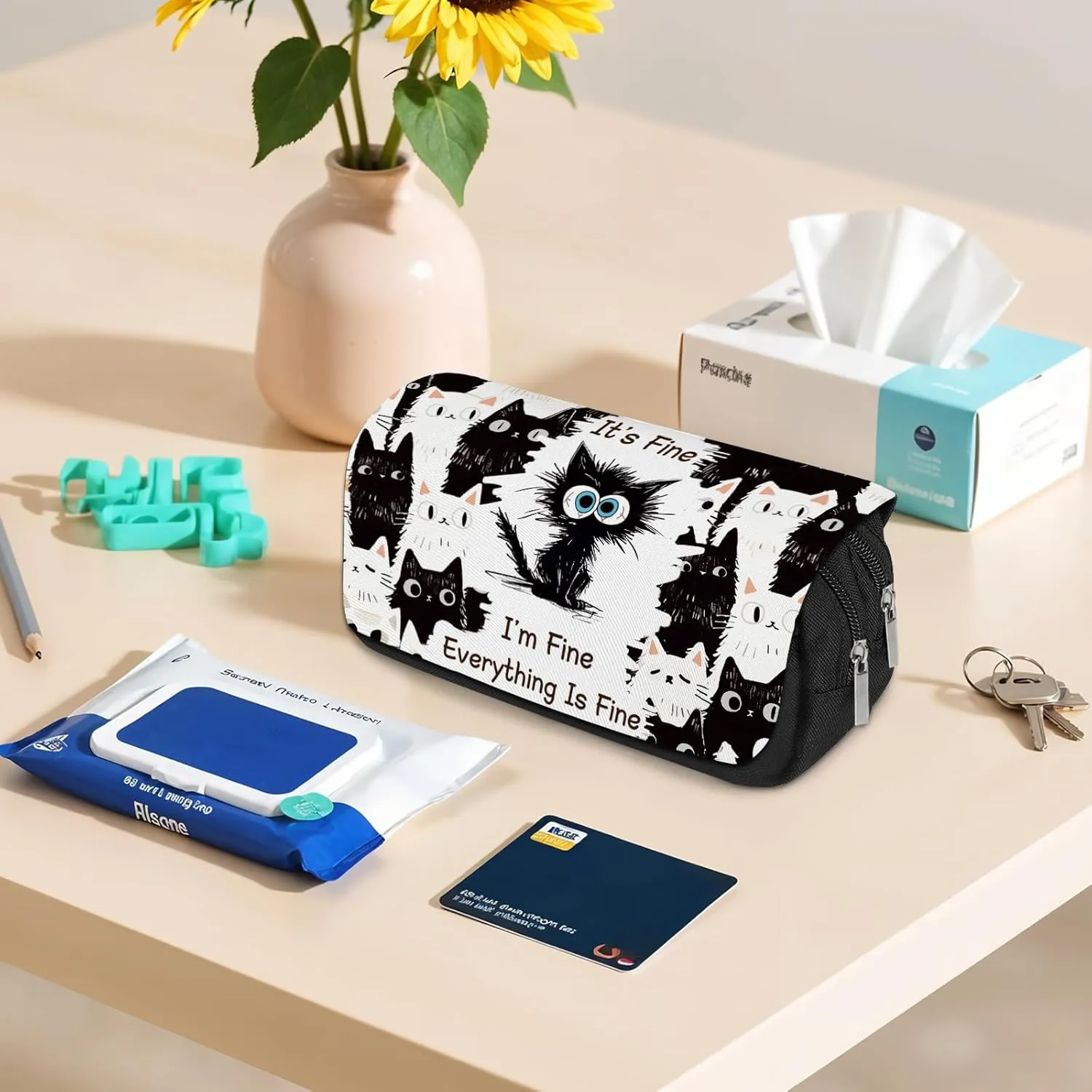 Cat Large Capacity Pencil Case, Black Cats Pencil Pouch for Teens Students- Flip Top Pen Bag with Zipper, Aesthetic Compartments Stationery Pencils Box Organizer for School Travel Office
