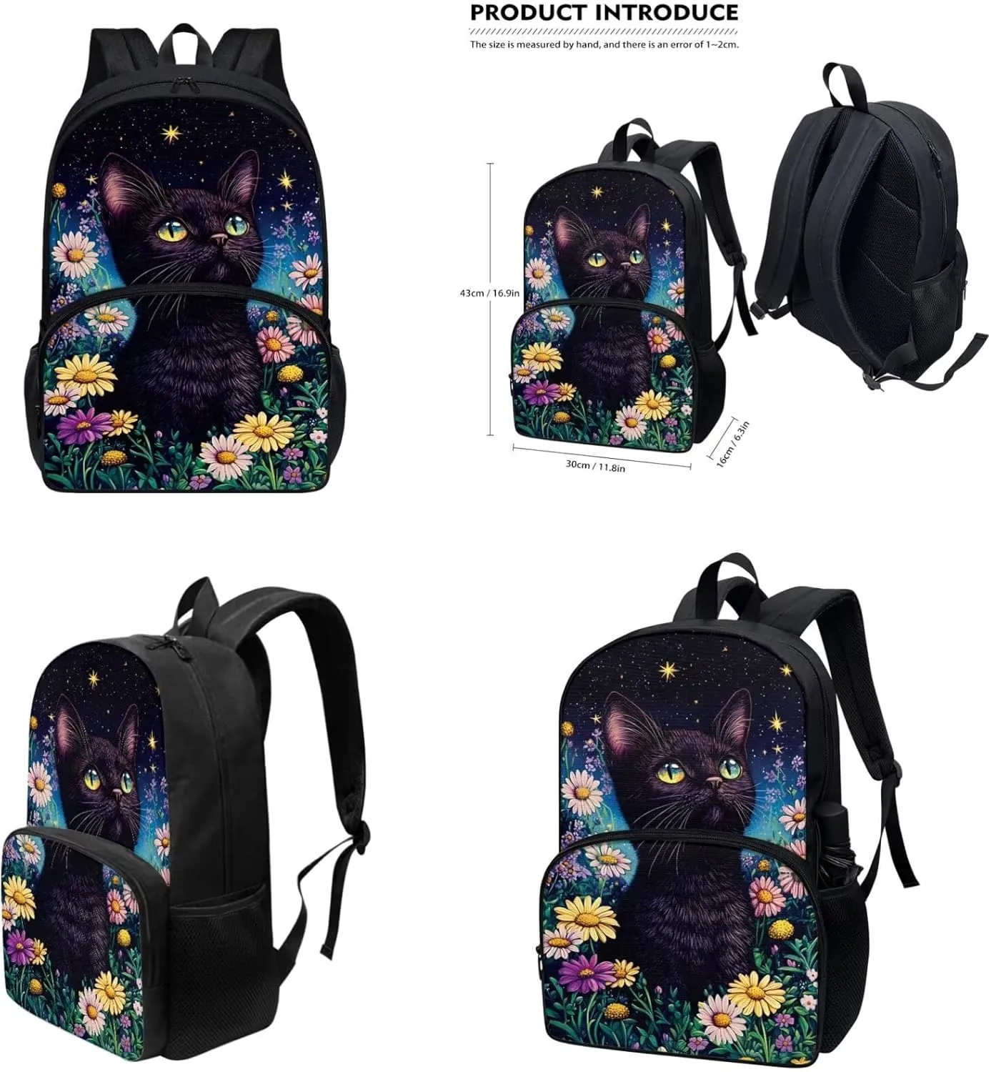 Cat Print Elementary School Backpack for Girls Book Bag Thick Multifunctinal Cup Cover Pencil Case Great for Campus Life Travel and Outdoor Activity Applicable Back Packs