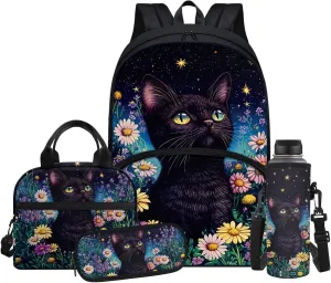 Cat Print Elementary School Backpack for Girls Book Bag Thick Multifunctinal Cup Cover Pencil Case Great for Campus Life Travel and Outdoor Activity Applicable Back Packs