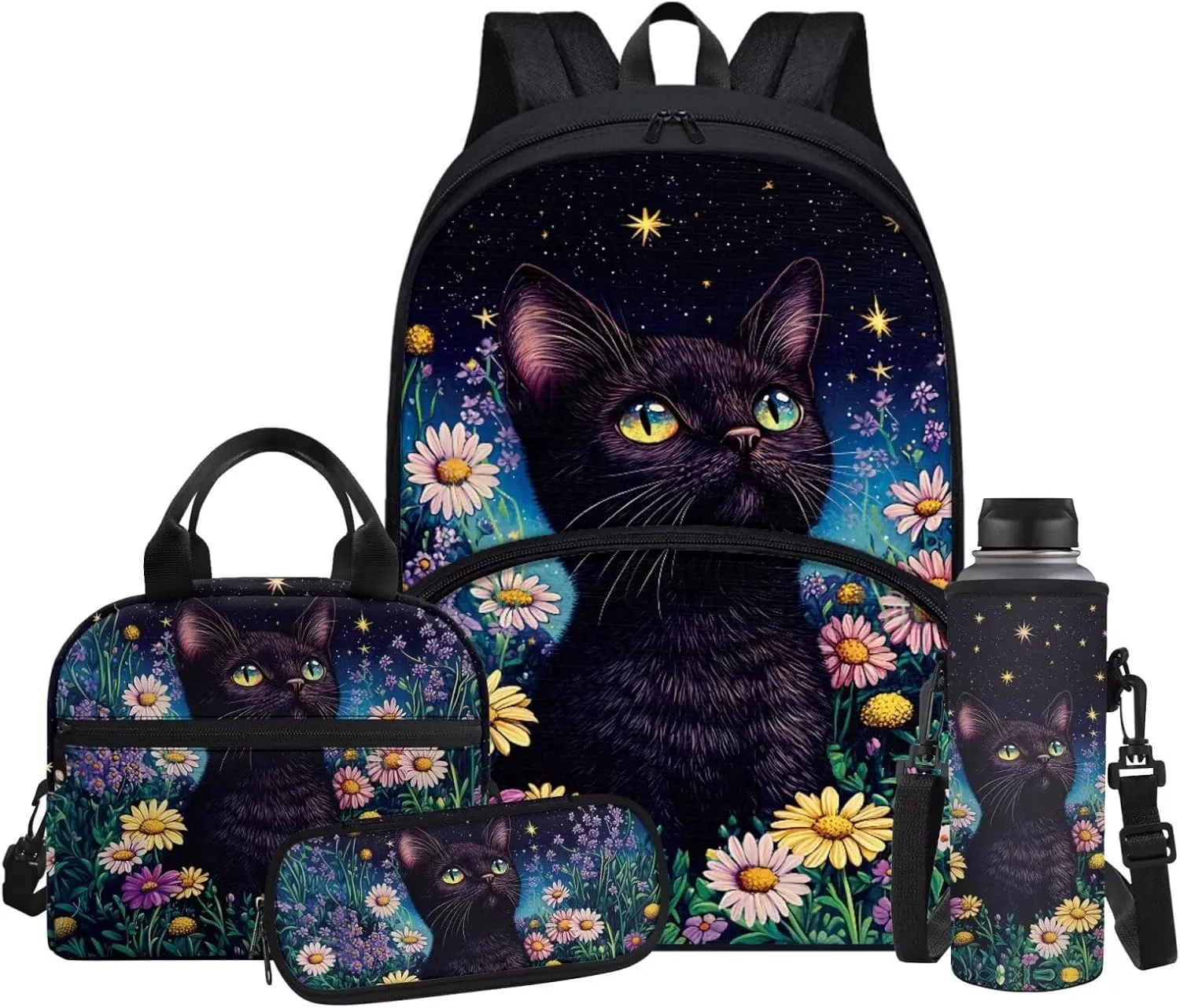 Cat Print Elementary School Backpack for Girls Book Bag Thick Multifunctinal Cup Cover Pencil Case Great for Campus Life Travel and Outdoor Activity Applicable Back Packs