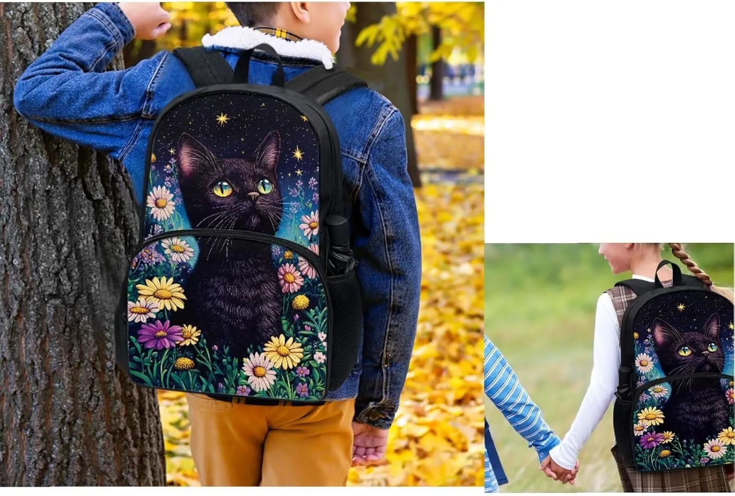 Cat Print Elementary School Backpack for Girls Book Bag Thick Multifunctinal Cup Cover Pencil Case Great for Campus Life Travel and Outdoor Activity Applicable Back Packs
