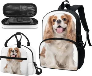 Cavalier King Charles Spaniel Print 3-Piece Boys Girls School Computer Backpacks with Cute Animal Puppy Lunch Bag and Pen Pouch Kindergarten School Bookbag Set, White