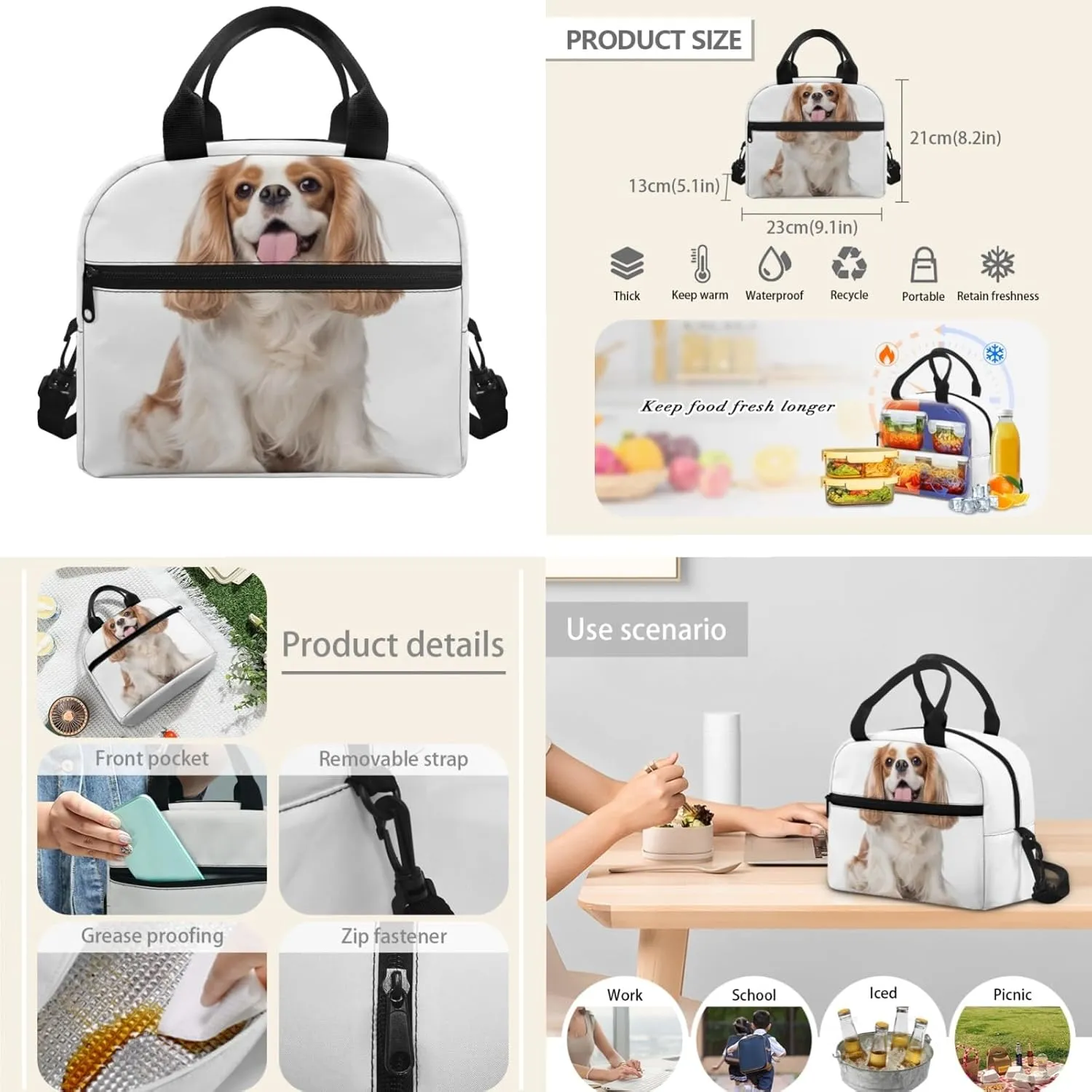 Cavalier King Charles Spaniel Print 3-Piece Boys Girls School Computer Backpacks with Cute Animal Puppy Lunch Bag and Pen Pouch Kindergarten School Bookbag Set, White