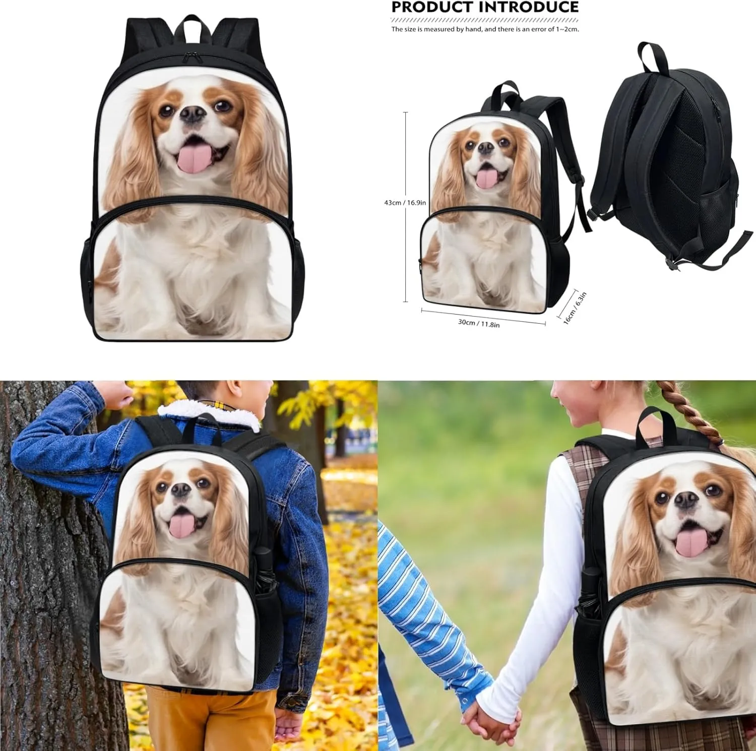 Cavalier King Charles Spaniel Print 3-Piece Boys Girls School Computer Backpacks with Cute Animal Puppy Lunch Bag and Pen Pouch Kindergarten School Bookbag Set, White
