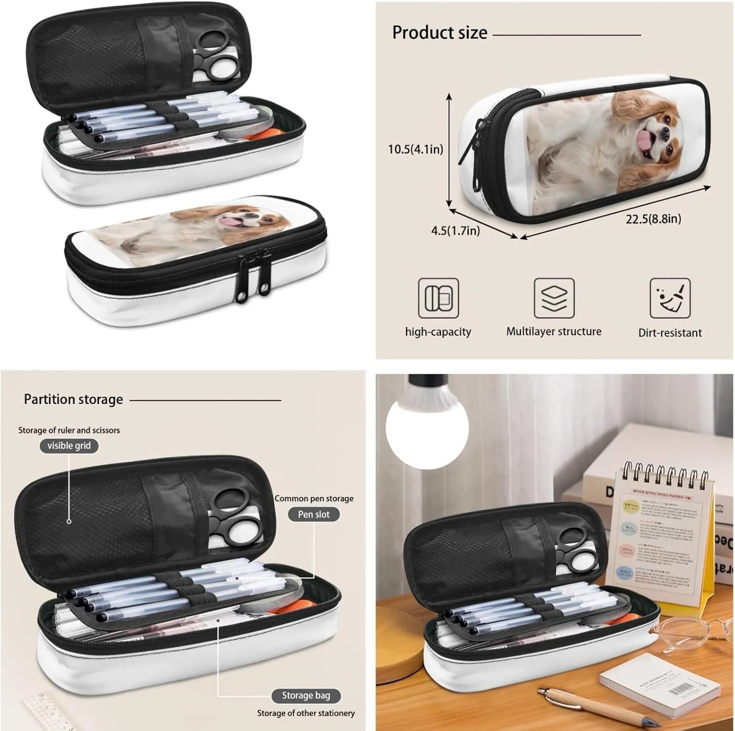 Cavalier King Charles Spaniel Print 3-Piece Boys Girls School Computer Backpacks with Cute Animal Puppy Lunch Bag and Pen Pouch Kindergarten School Bookbag Set, White