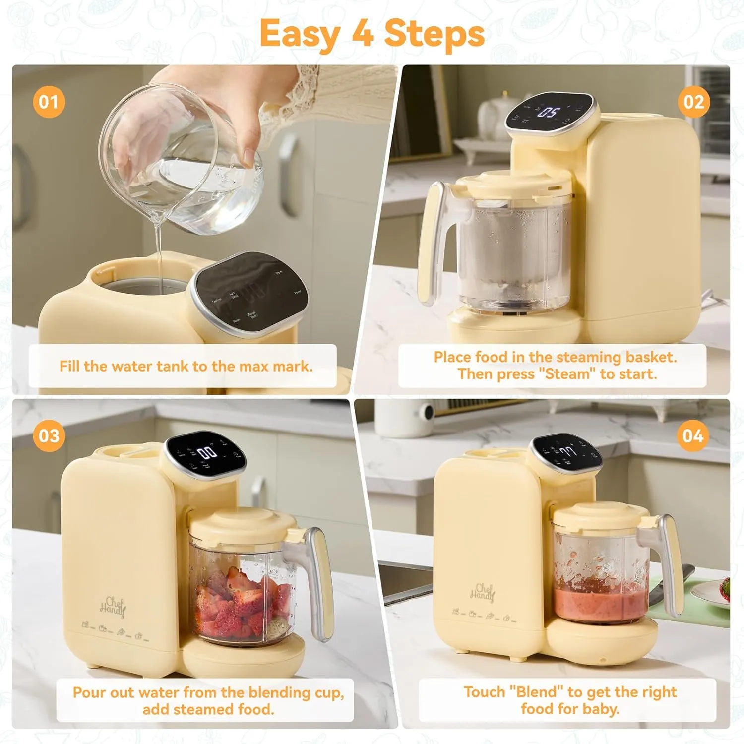 Chefhandy Baby Food Maker, 5 in 1 Baby Food Processor with Stainless Steel Steaming Basket, Baby Puree Maker with Steamer, Blender,Bottle Warmer Function,Auto Cooking & Grinding,Touchscreen (Yellow)