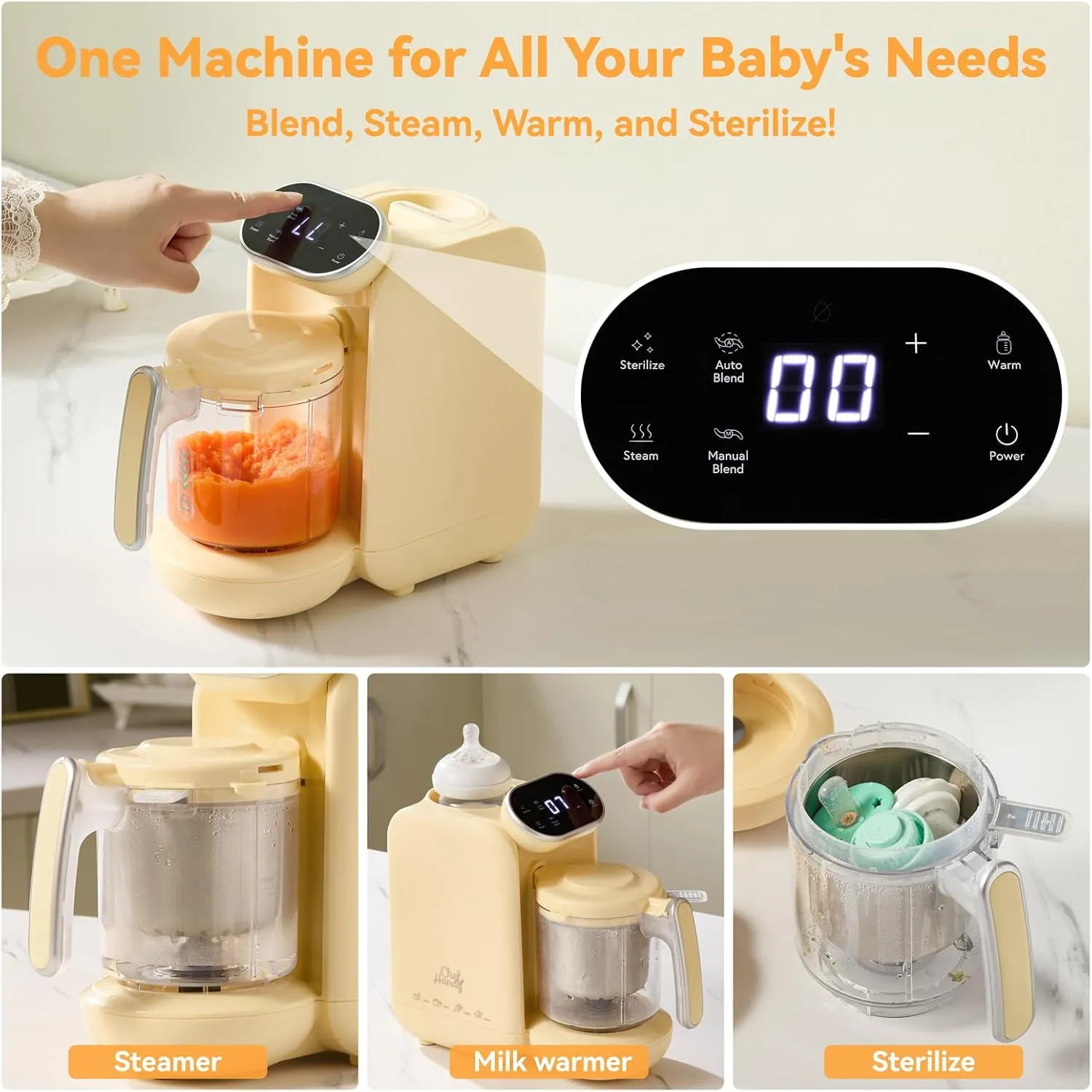 Chefhandy Baby Food Maker, 5 in 1 Baby Food Processor with Stainless Steel Steaming Basket, Baby Puree Maker with Steamer, Blender,Bottle Warmer Function,Auto Cooking & Grinding,Touchscreen (Yellow)