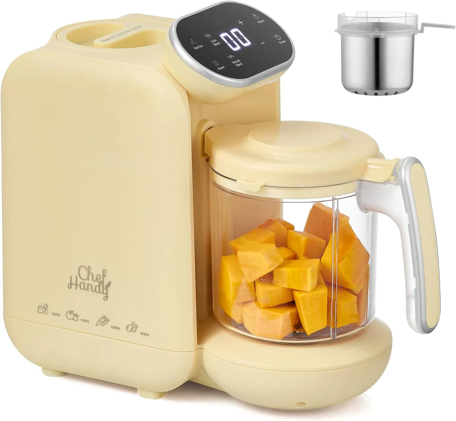 Chefhandy Baby Food Maker, 5 in 1 Baby Food Processor with Stainless Steel Steaming Basket, Baby Puree Maker with Steamer, Blender,Bottle Warmer Function,Auto Cooking & Grinding,Touchscreen (Yellow)