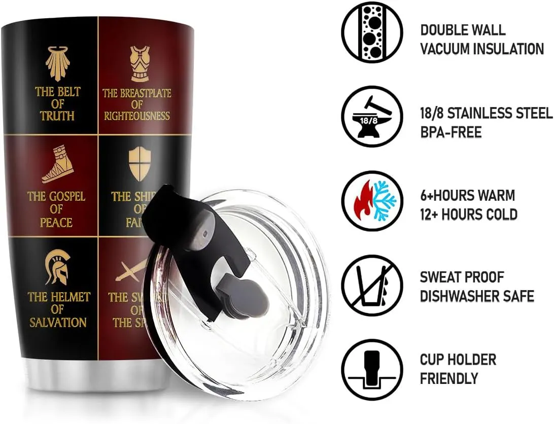 Christian Gifts for Men, Women - Fathers Day, Pastor Appreciation Religious Gift For Men - Christian Coffee Mug - Armor Of God Stainless Steel Tumbler (Armor Of God, 20OZ)