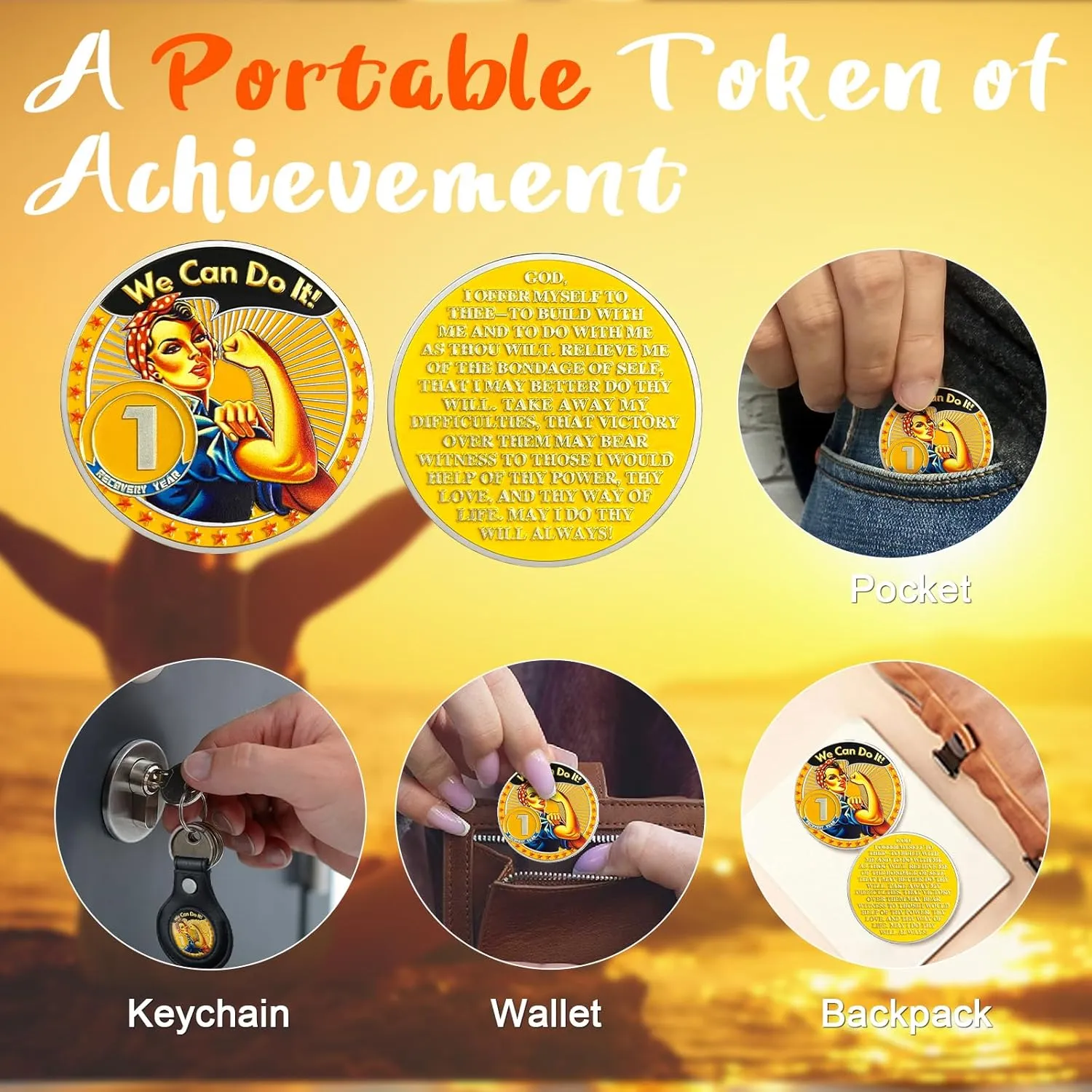 CHURYUML 1 Year Rosie The Riveter Sobriety Coin One Year Sobriety Chip We Can Do It AA Coins Sober Anniversary Medallions Sobriety Gifts for Women Alcoholics Anonymous Addiction Recovery Gifts
