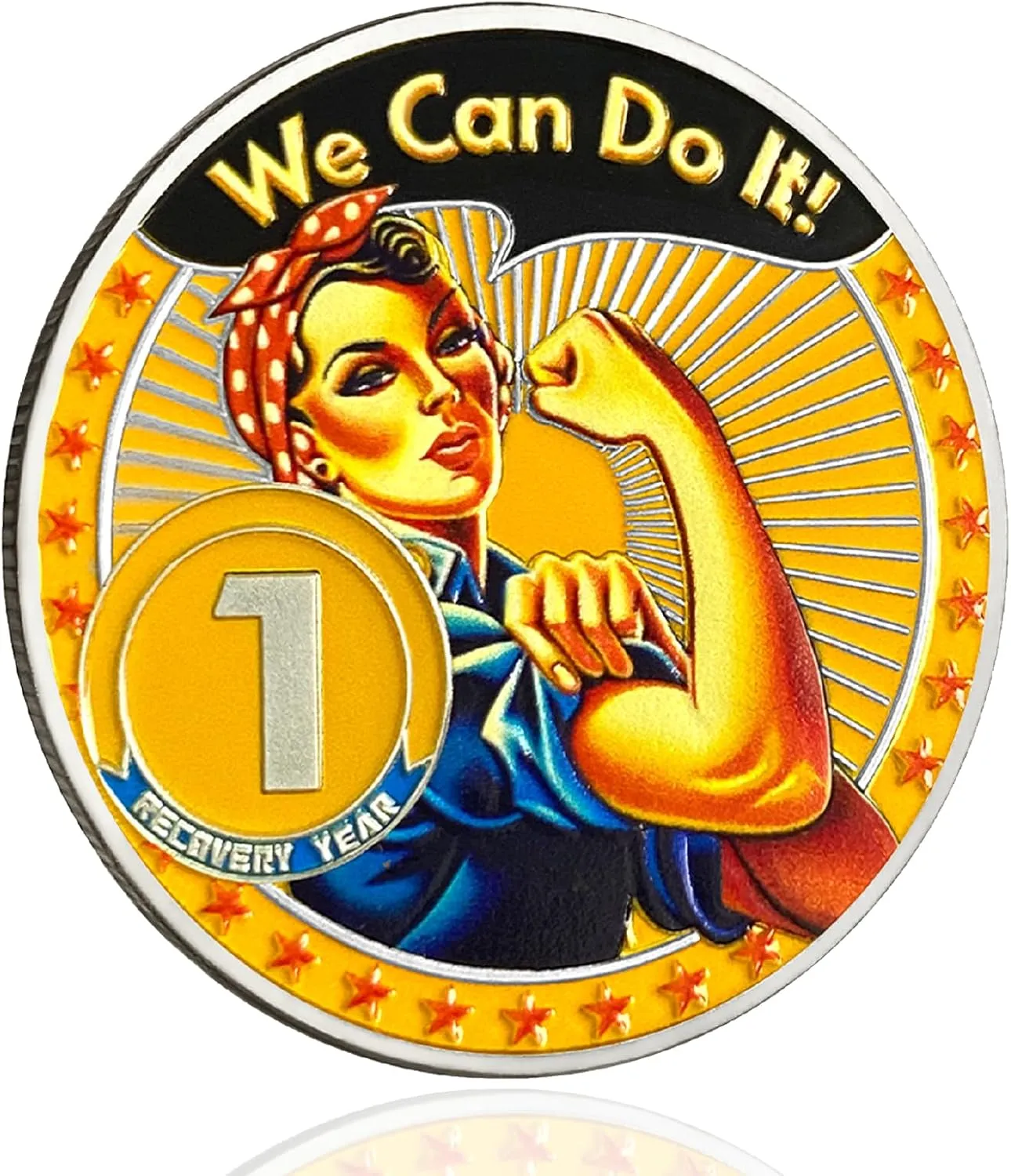 CHURYUML 1 Year Rosie The Riveter Sobriety Coin One Year Sobriety Chip We Can Do It AA Coins Sober Anniversary Medallions Sobriety Gifts for Women Alcoholics Anonymous Addiction Recovery Gifts