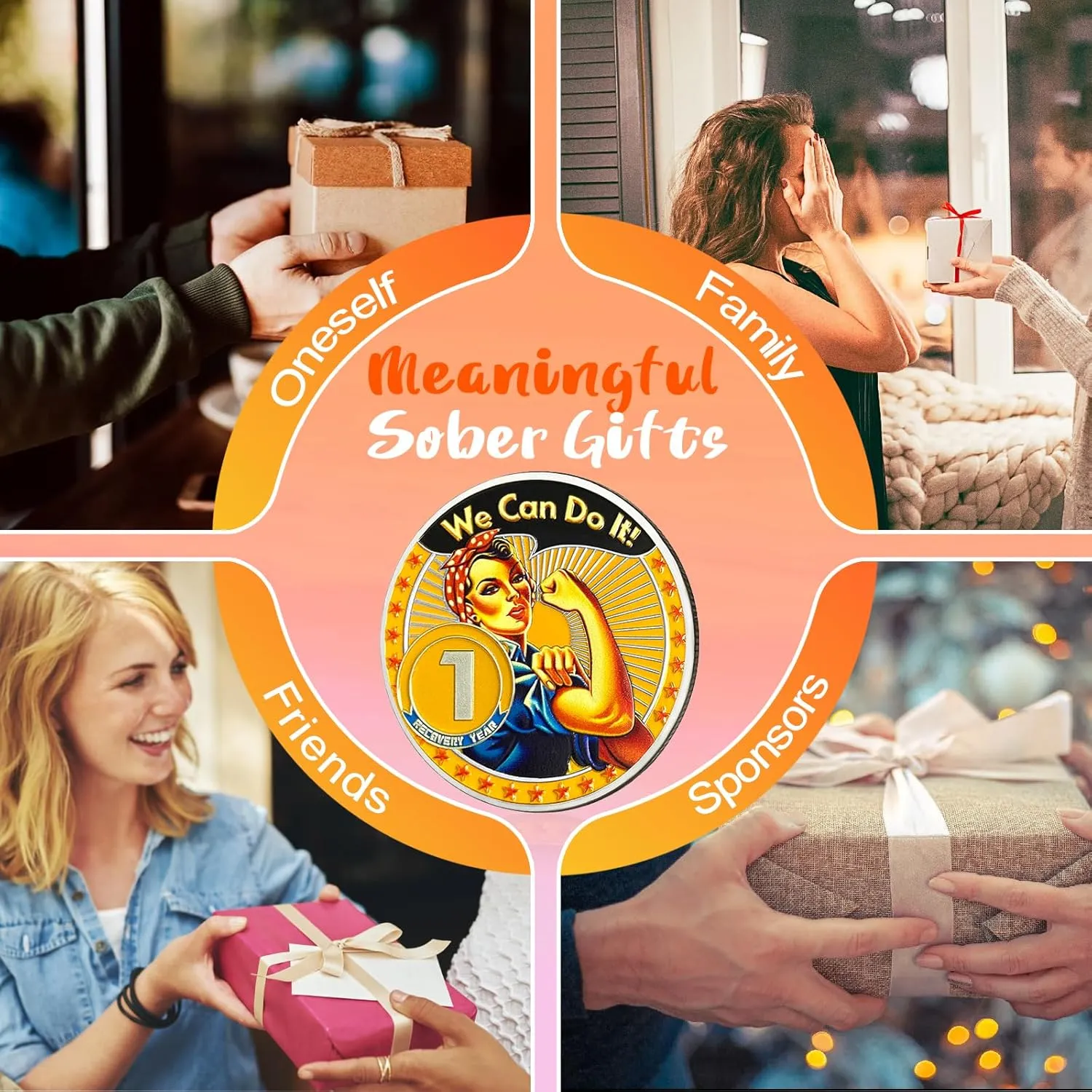 CHURYUML 1 Year Rosie The Riveter Sobriety Coin One Year Sobriety Chip We Can Do It AA Coins Sober Anniversary Medallions Sobriety Gifts for Women Alcoholics Anonymous Addiction Recovery Gifts