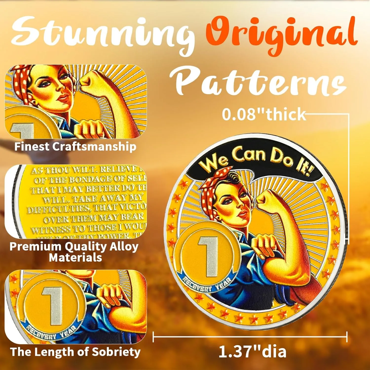 CHURYUML 1 Year Rosie The Riveter Sobriety Coin One Year Sobriety Chip We Can Do It AA Coins Sober Anniversary Medallions Sobriety Gifts for Women Alcoholics Anonymous Addiction Recovery Gifts